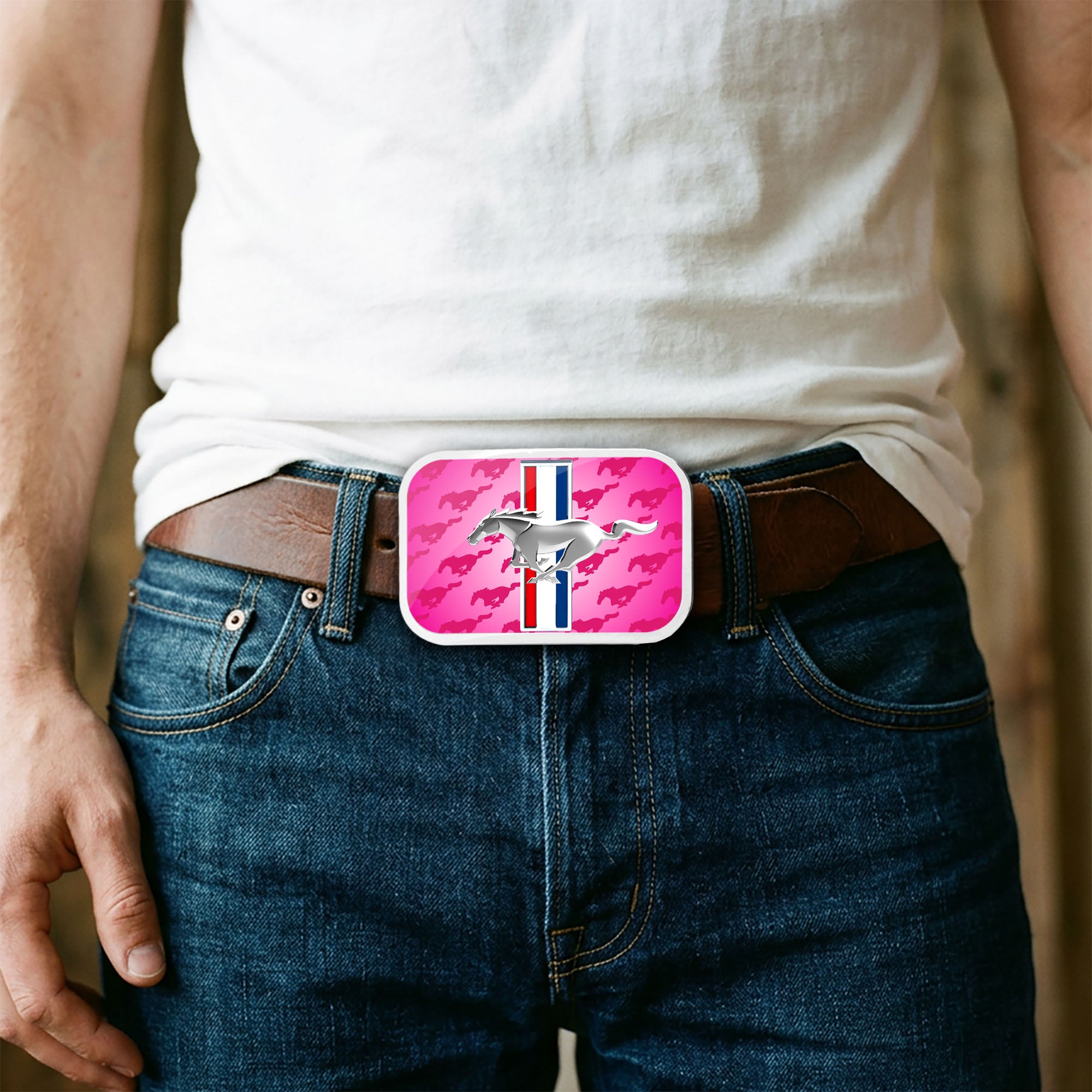 Ford Mustang w/Logo Framed FCG Pink - Chrome Rock Star Buckle Belt Buckles Ford