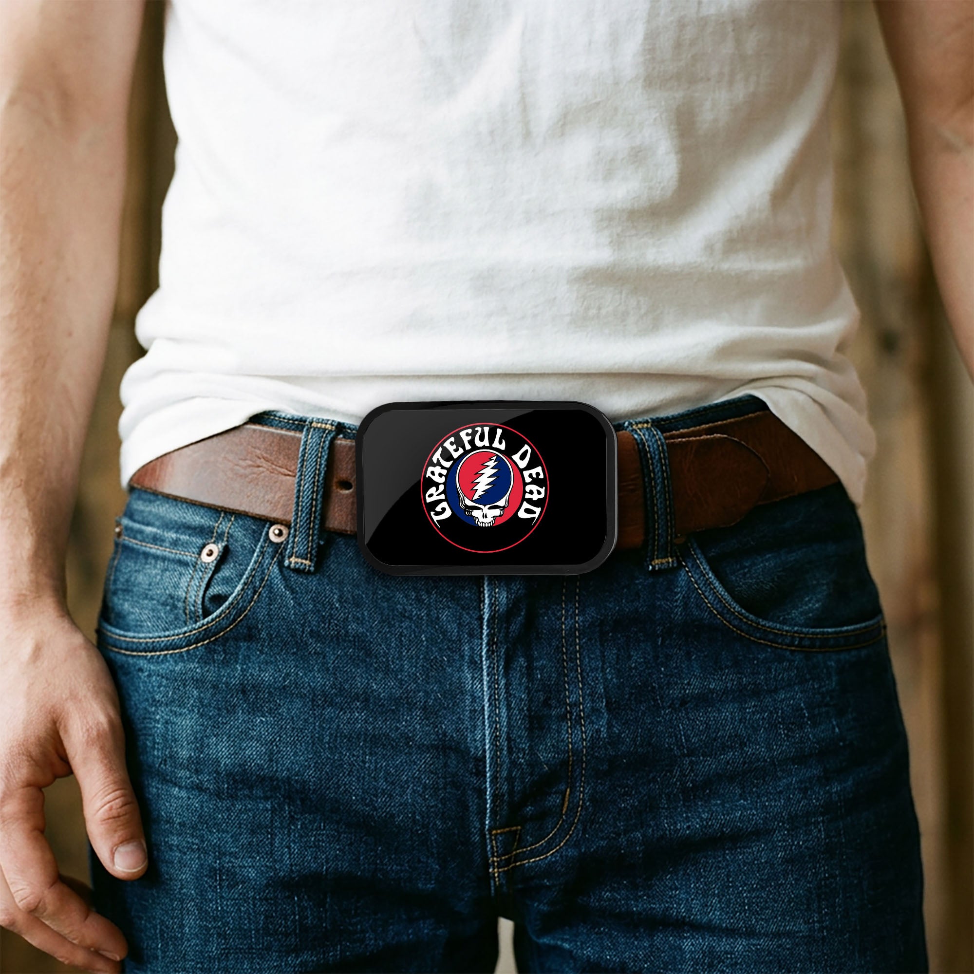Grateful Dead Text w/Steal Your Face FCG - Black Rock Star Buckle