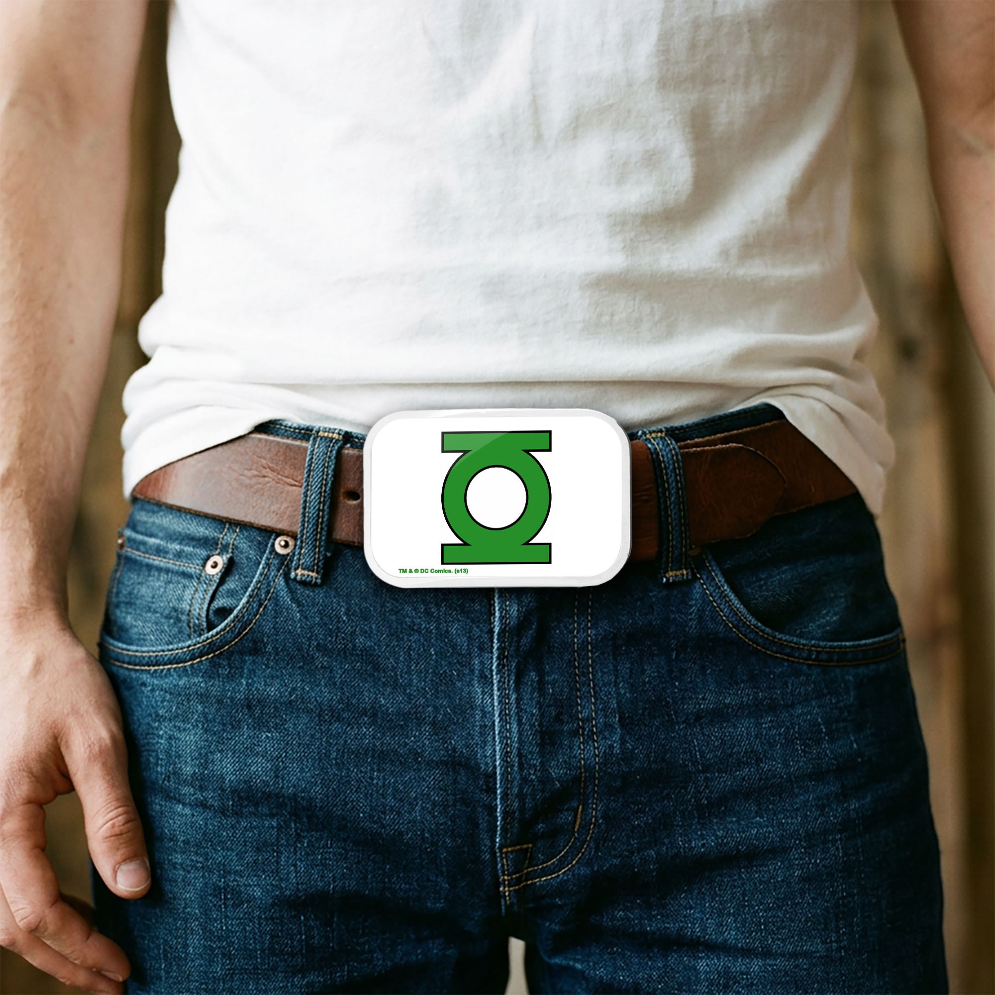 Green Lantern Logo CLOSE-UP FCG White/Green - Chrome Rock Star Buckle Belt Buckles DC Comics