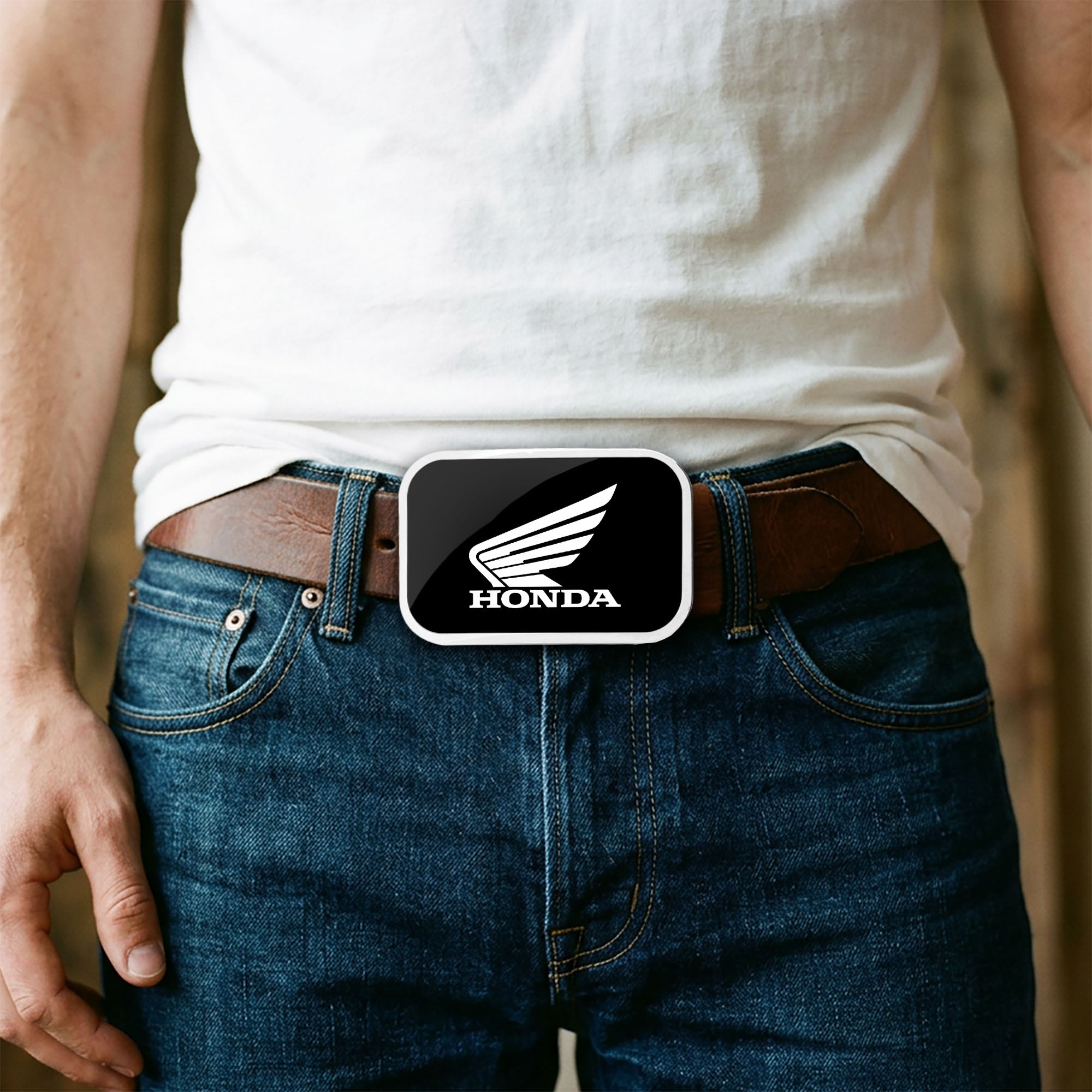 HONDA Motorcycle Framed FCG Black/White - Chrome Rock Star Buckle