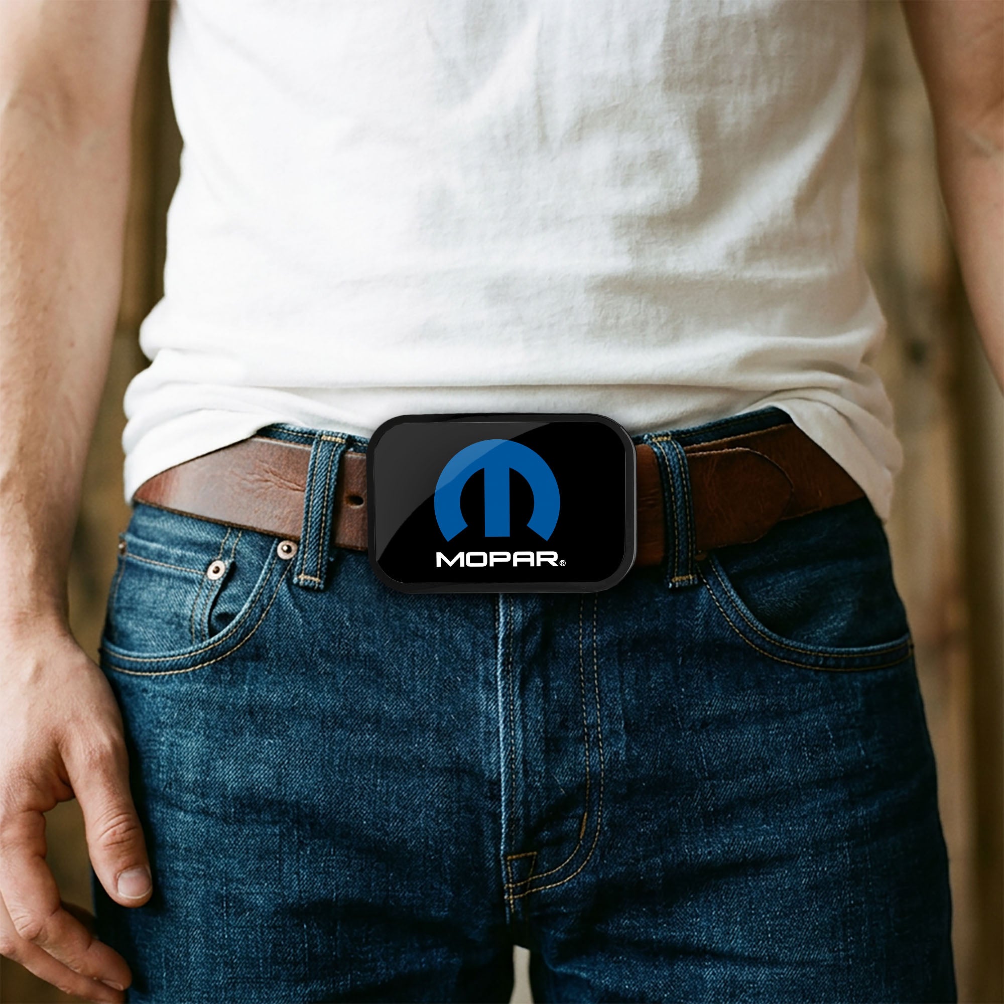 MOPAR Logo Framed FCG Black Blue White - Chrome Rock Star Buckle Belt Buckles Mopar