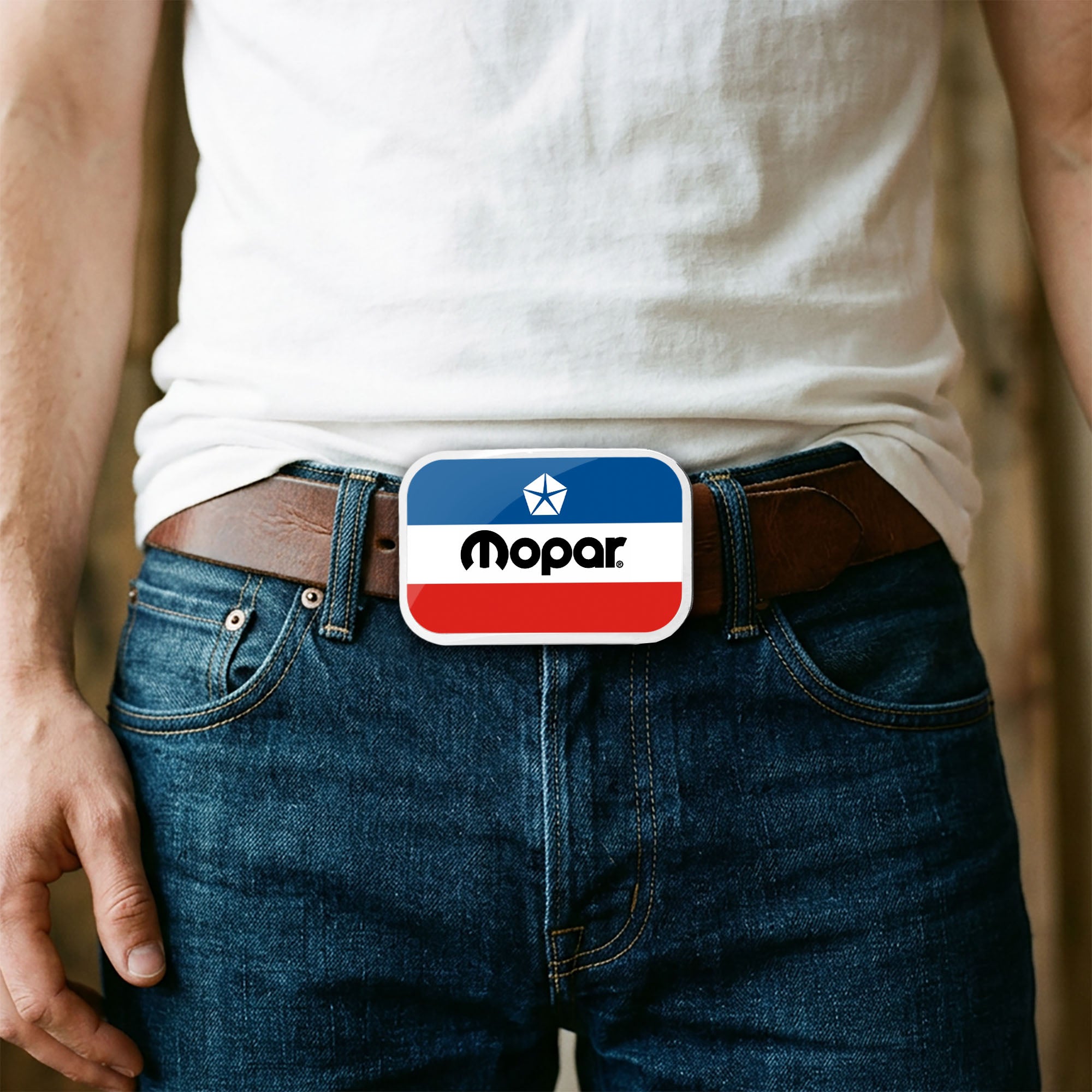 MOPAR Chrysler Logo Framed FCG White Blue Red Black - Chrome Rock Star Buckle Belt Buckles Mopar