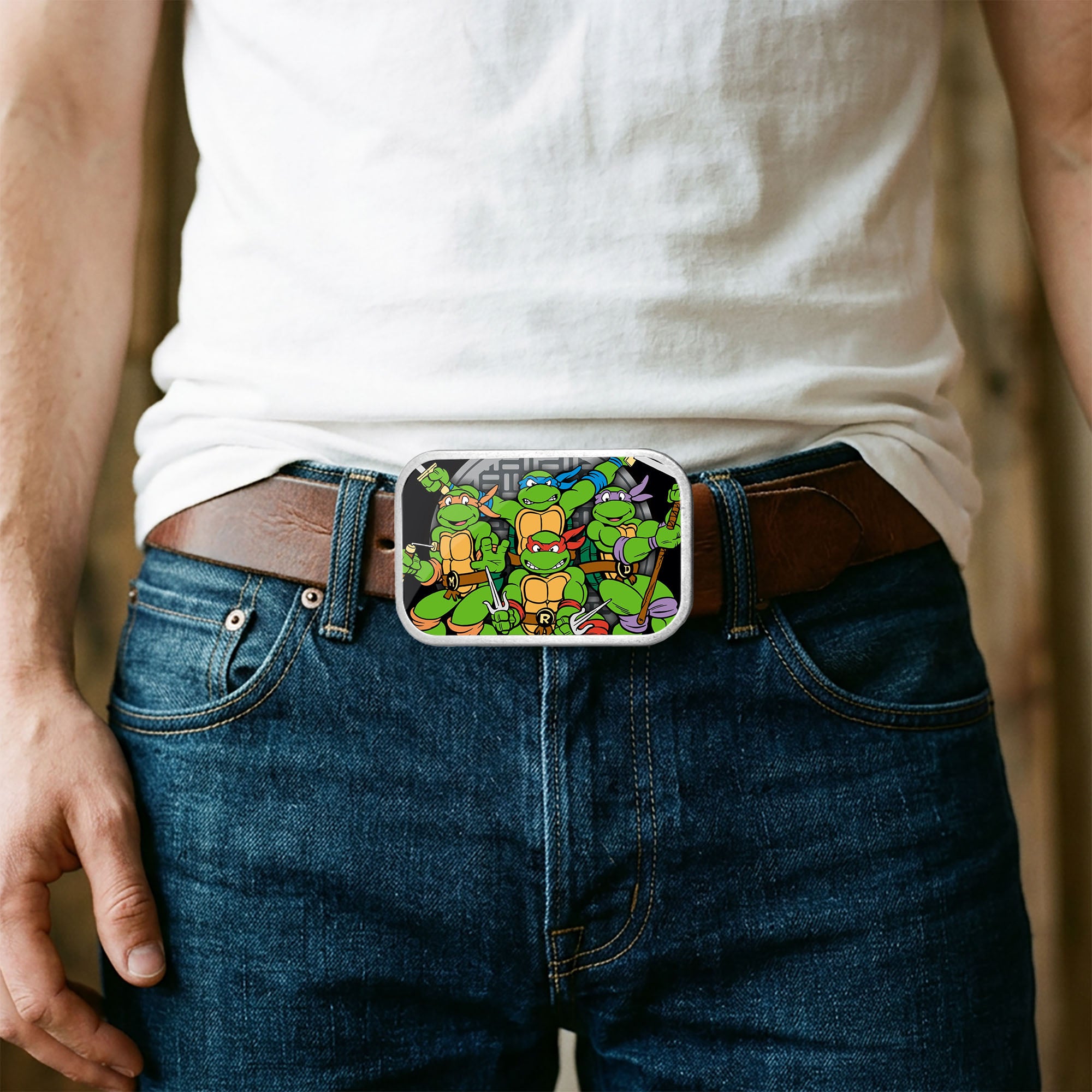 Classic TMNT Turtles Battle Pose8 Manhole Cover FCG - Chrome Rock Star Buckle Belt Buckles Teenage Mutant Ninja Turtles