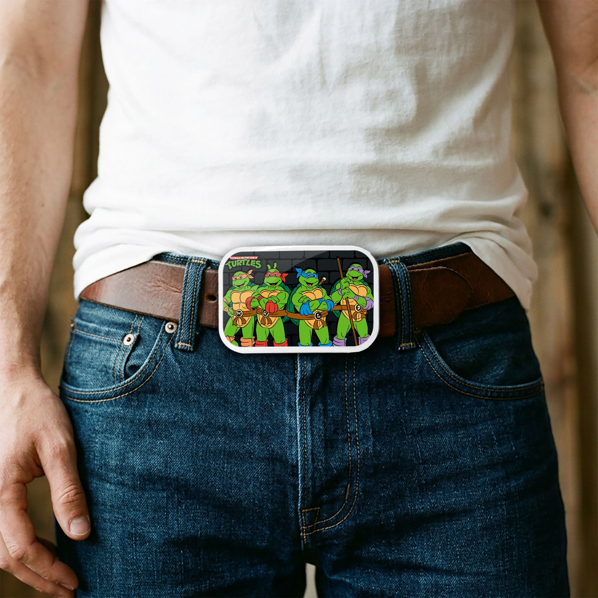 Classic Teenage Mutant Ninja Turtles Logo Group Pose Brickwall FCG - Chrome Rock Star Buckle Belt Buckles Teenage Mutant Ninja Turtles