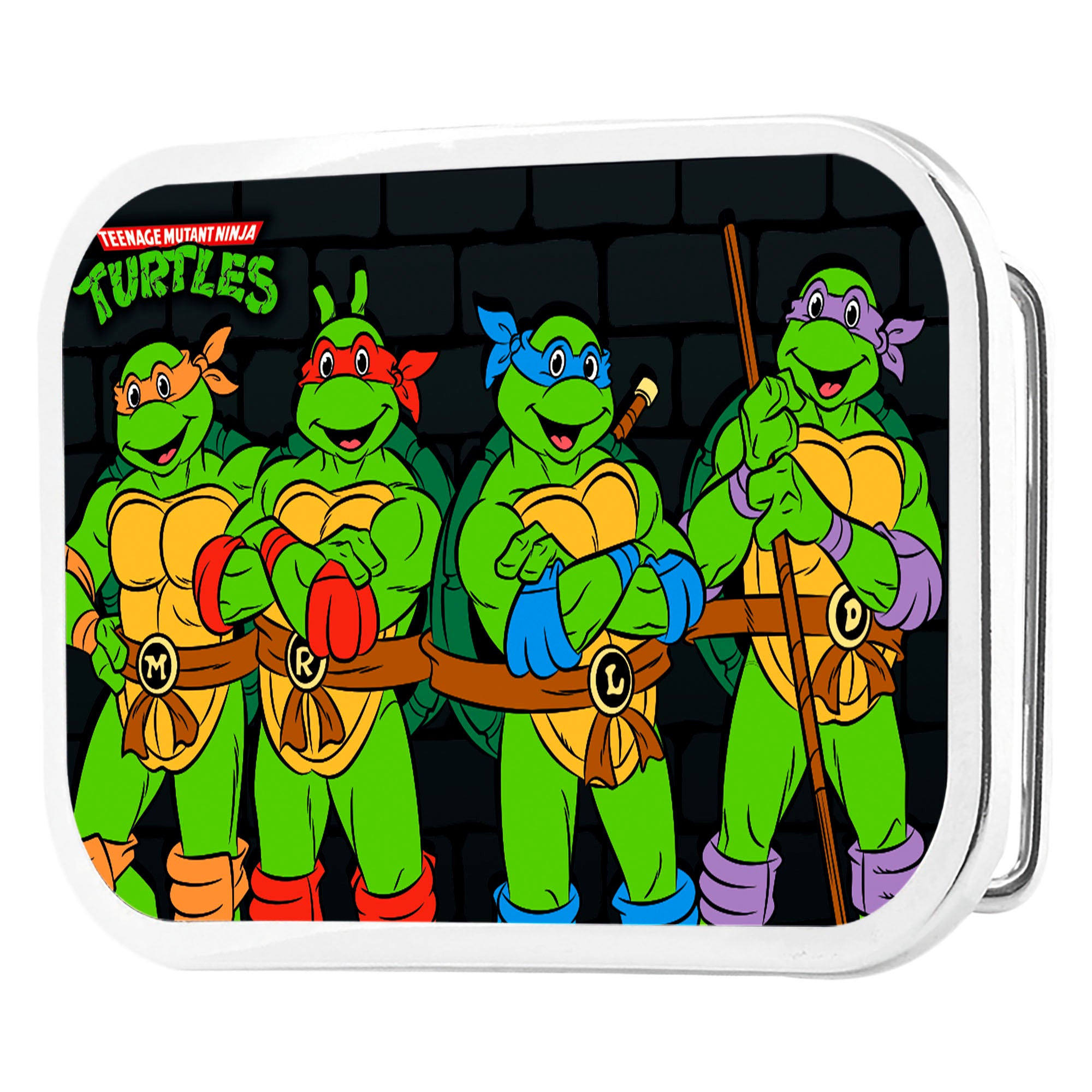 Classic Teenage Mutant Ninja Turtles Logo Group Pose Brickwall FCG - Chrome Rock Star Buckle Belt Buckles Teenage Mutant Ninja Turtles
