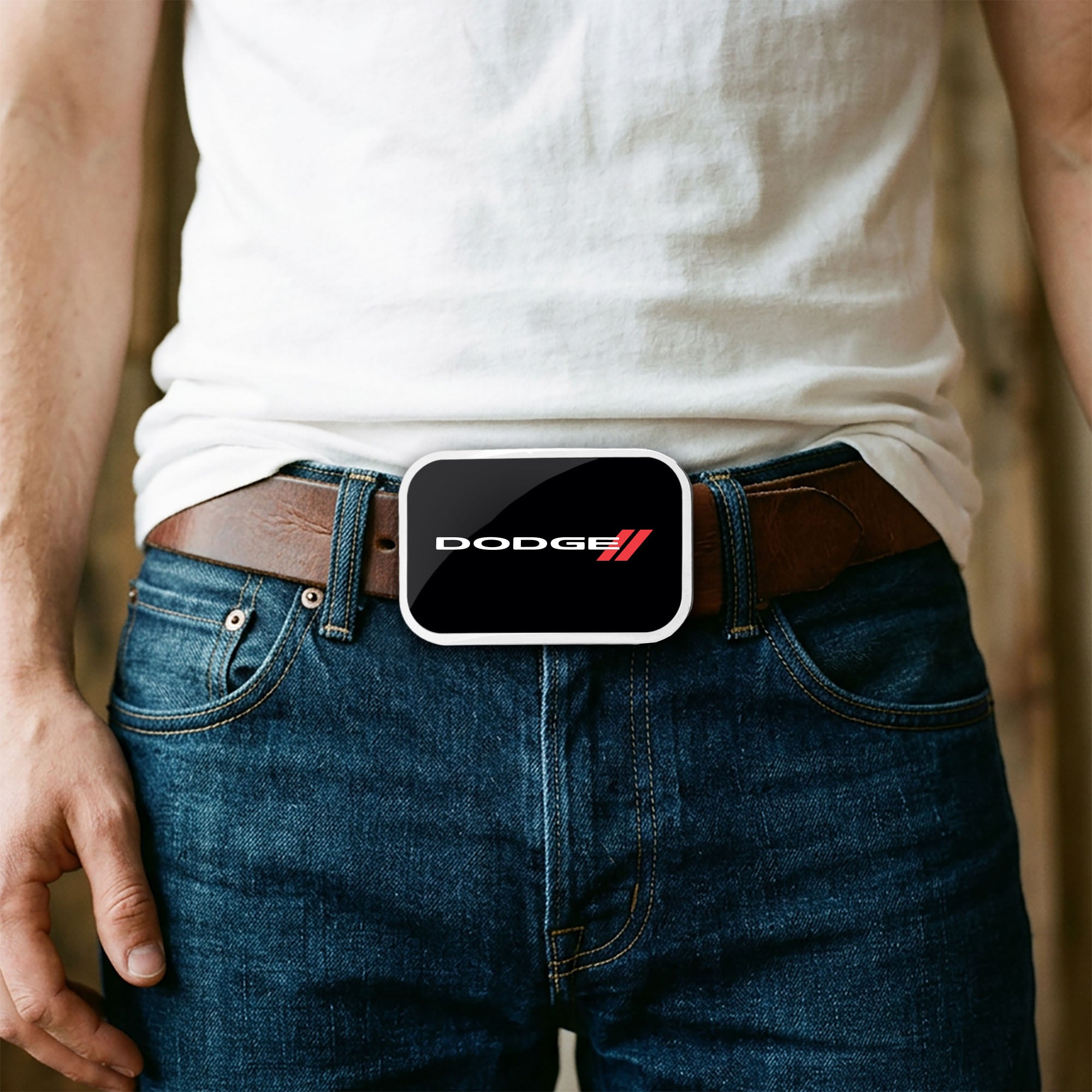 DODGE Red Rhombus Framed FCG Black White Red - Chrome Rock Star Buckle Belt Buckles Dodge