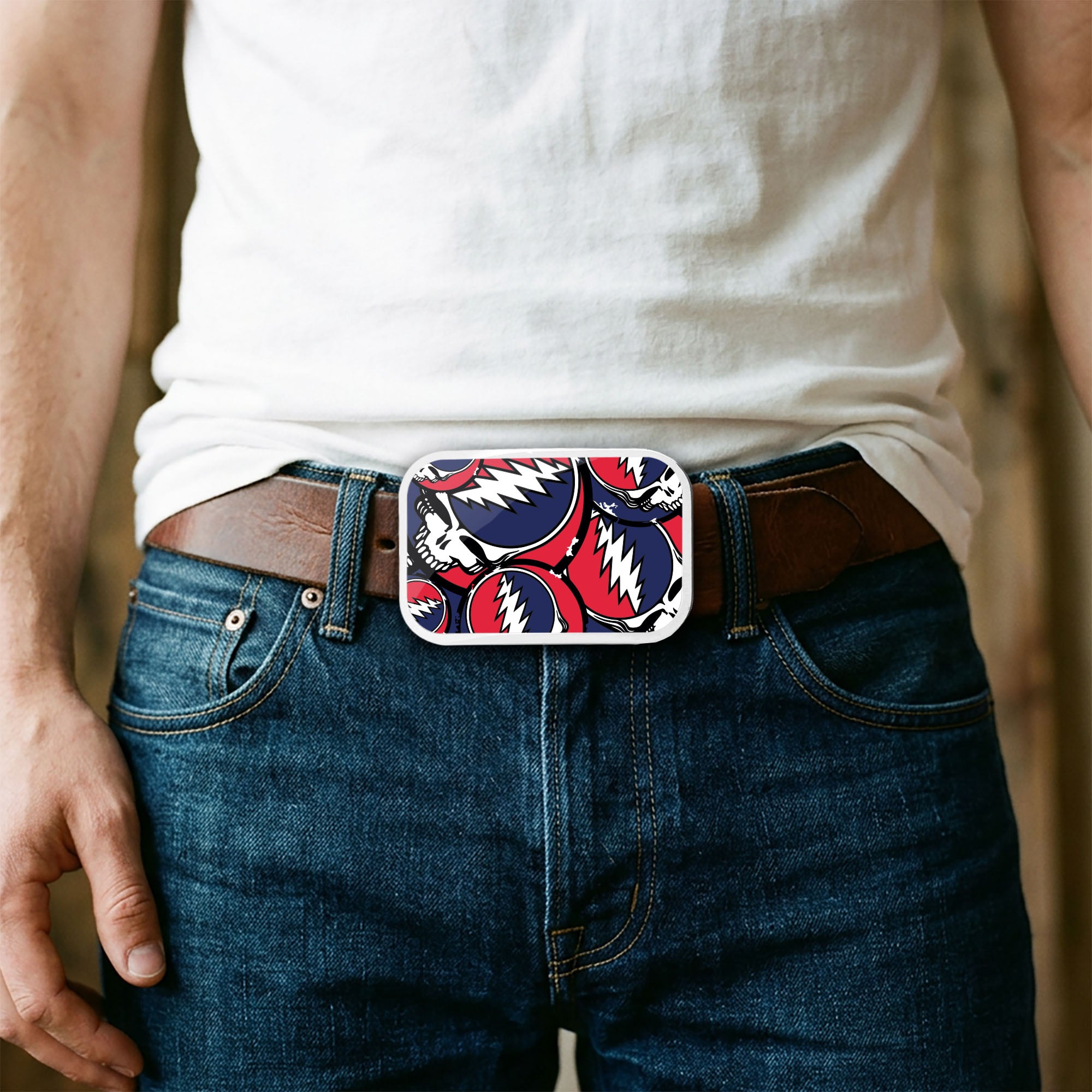 Steal Your Face Stacked FCG Red/White/Blue - Chrome Rock Star Buckle