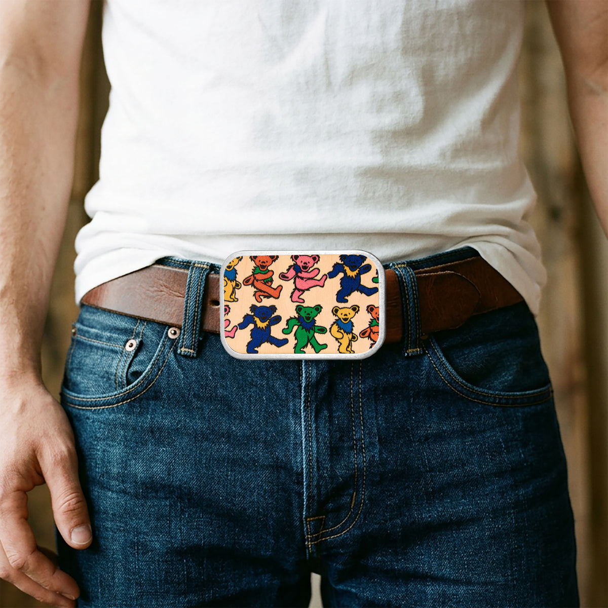 Dancing Bears Random FCWood Natural/Multi Color - Matte Rock Star Buckle Belt Buckles Grateful Dead