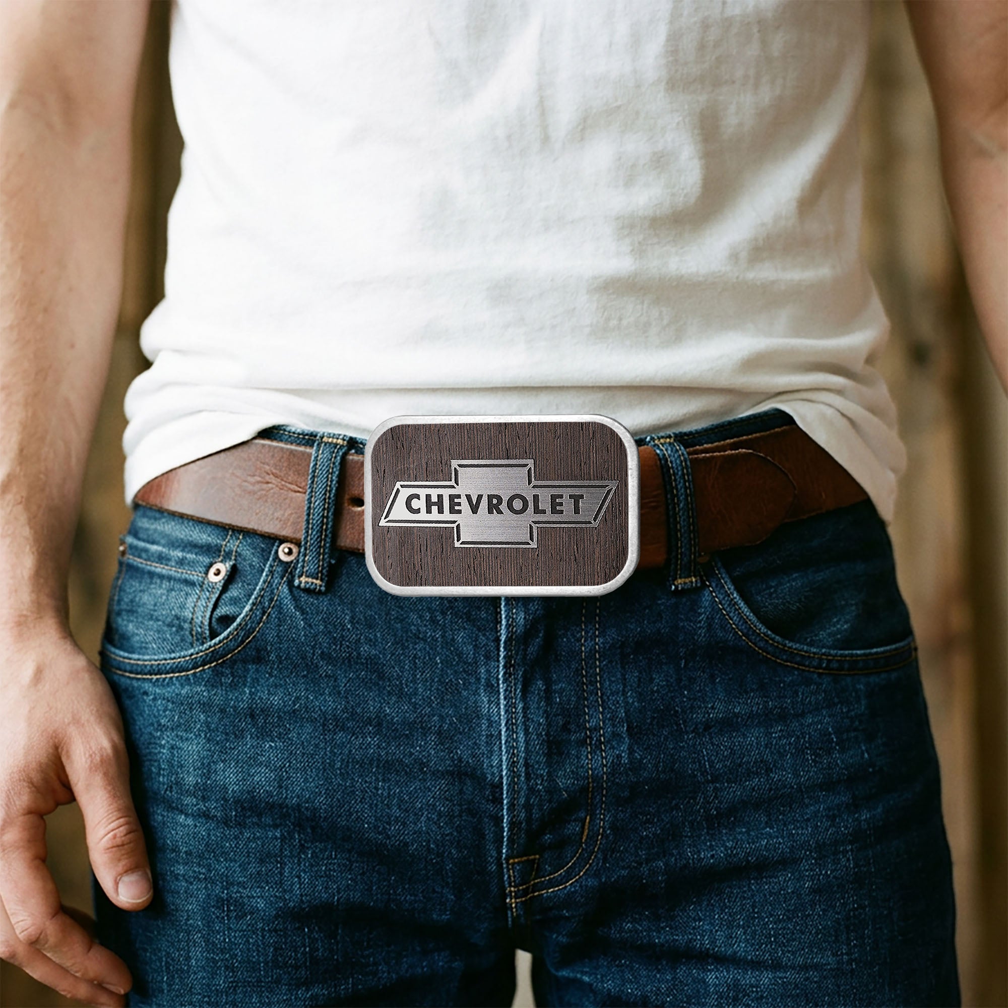 Chevy Bowtie Framed Marquetry Black Walnut/Metal - Matte Rock Star Buckle Belt Buckles GM General Motors