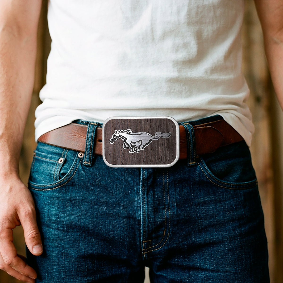 Ford Mustang Framed Marquetry Black Walnut/Metal - Matte Rock Star Buckle Belt Buckles Ford