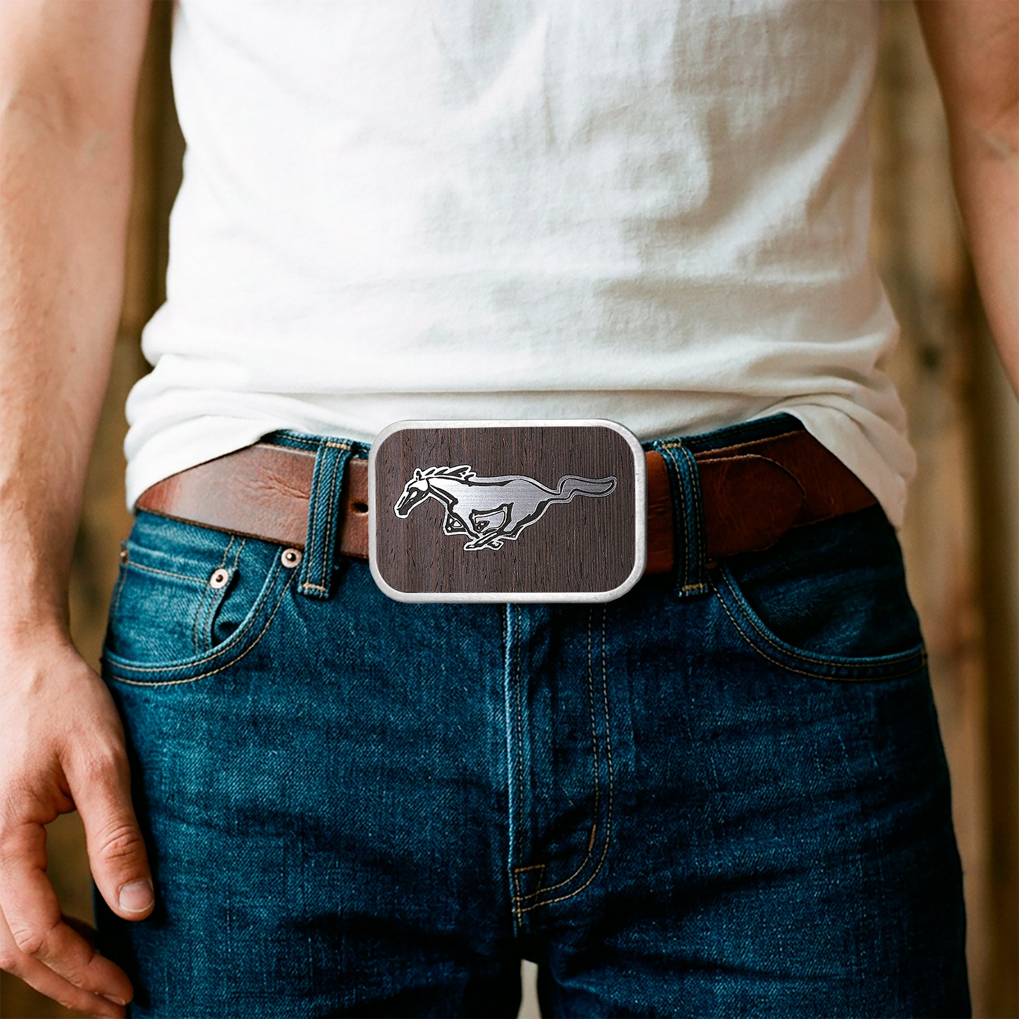 Ford Mustang Framed Marquetry Black Walnut/Metal - Matte Rock Star Buckle Belt Buckles Ford