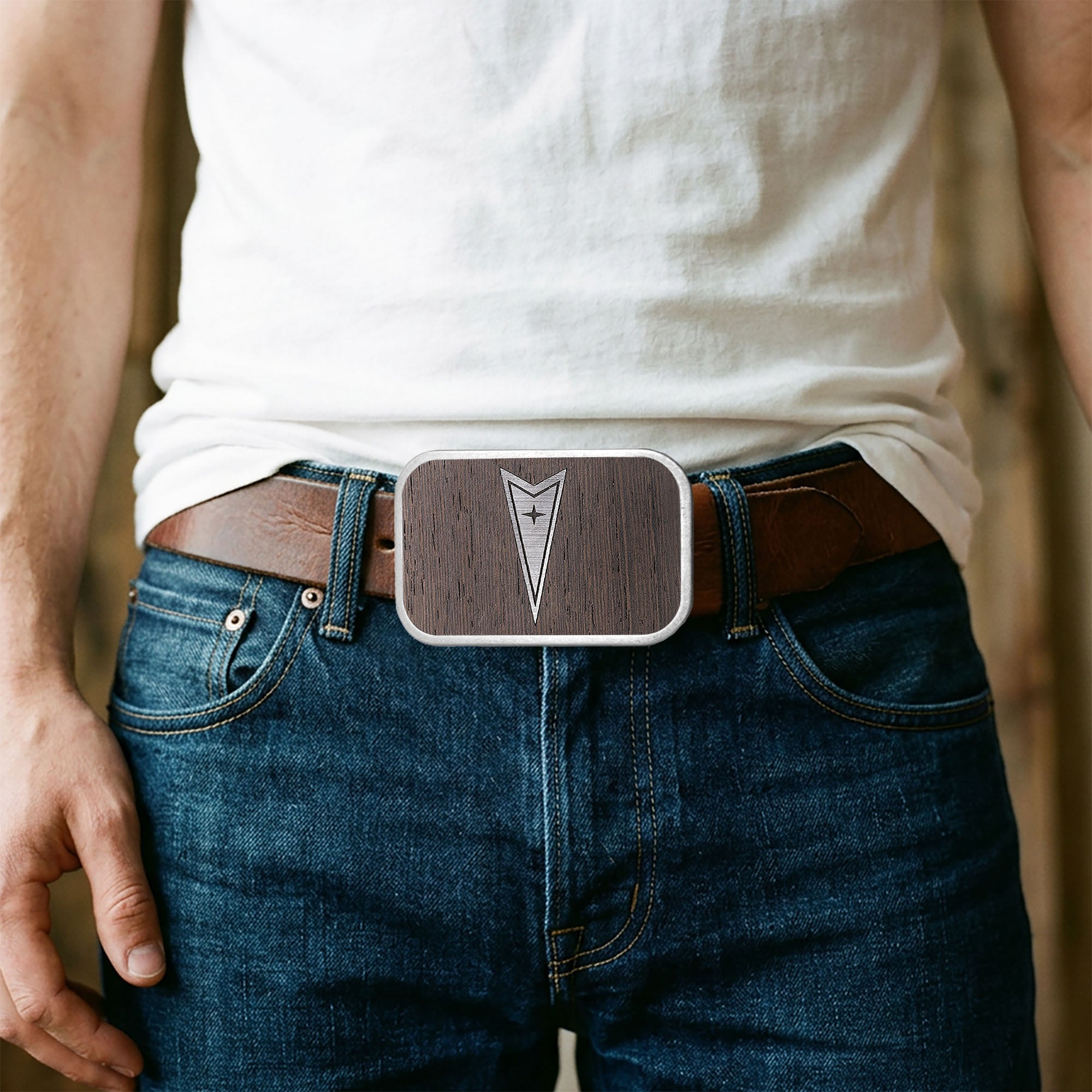 Pontiac Framed Marquetry Black Walnut/Metal - Matte Rock Star Buckle Belt Buckles GM General Motors