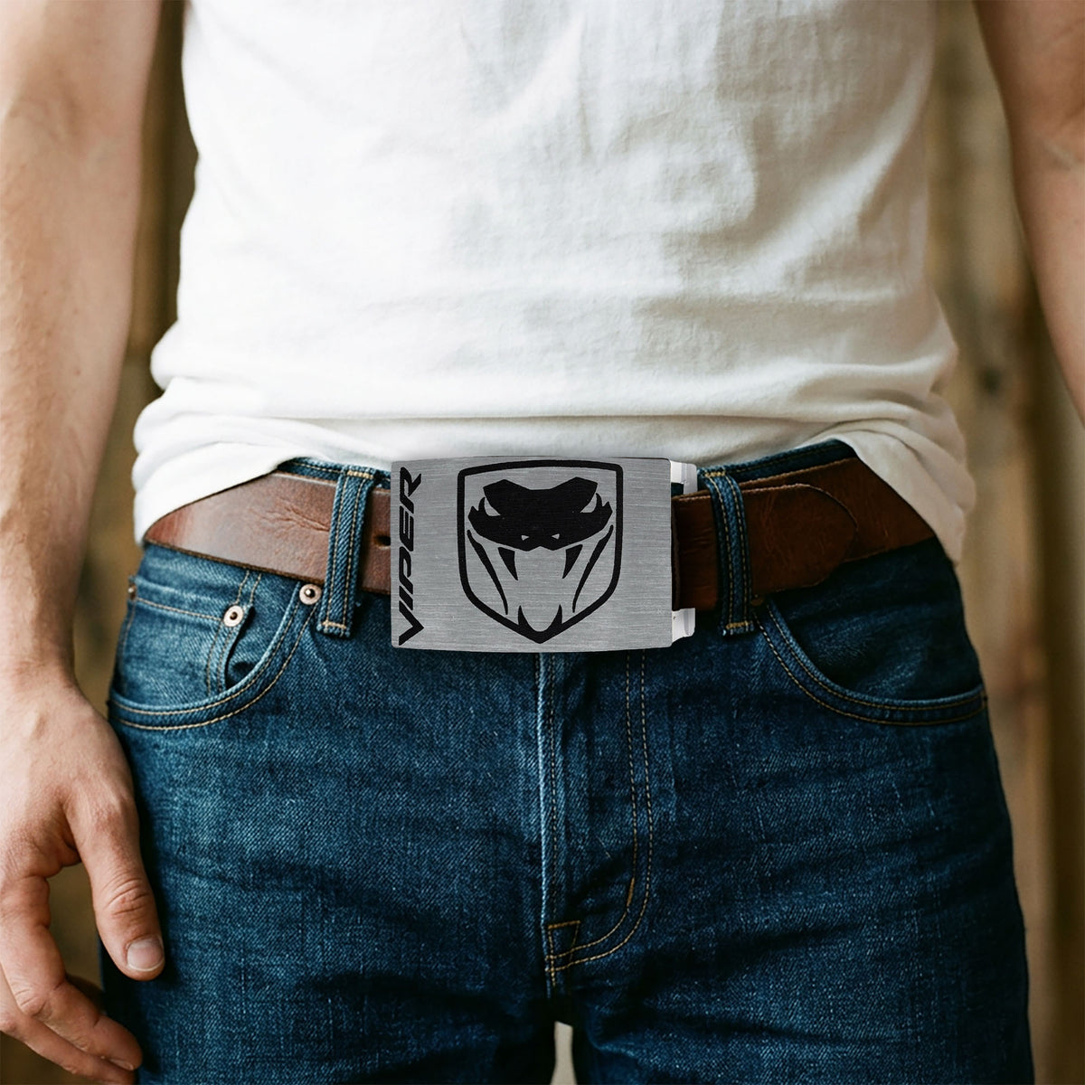 Dodge Viper Rock Star Buckle - Brushed Silver Black Belt Buckles Dodge