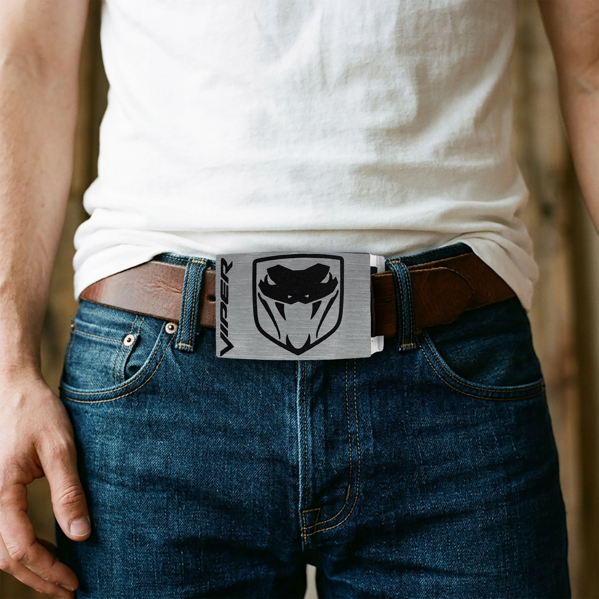 Dodge Viper Rock Star Buckle - Brushed Silver Black Belt Buckles Dodge