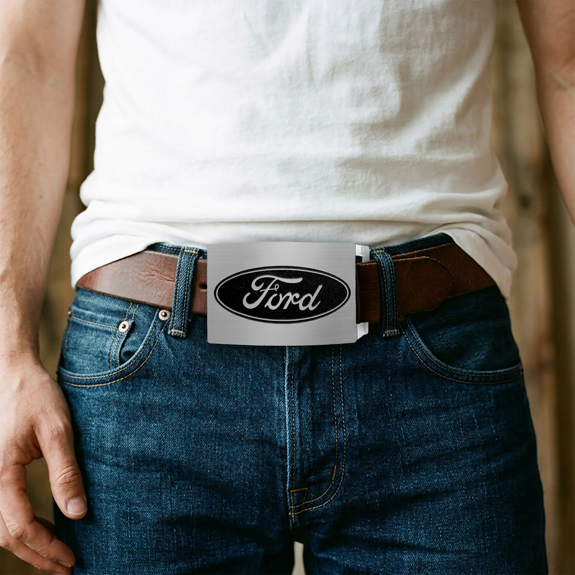 Ford Oval Rock Star Buckle - Brushed Silver/Black