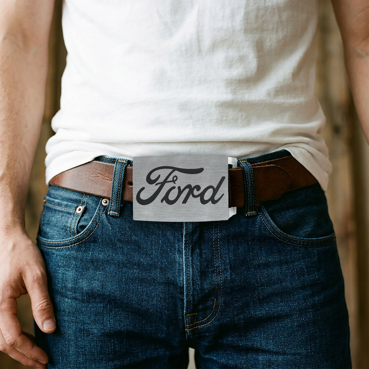 Ford Script Rock Star Buckle - Brushed Silver Black Belt Buckles Ford