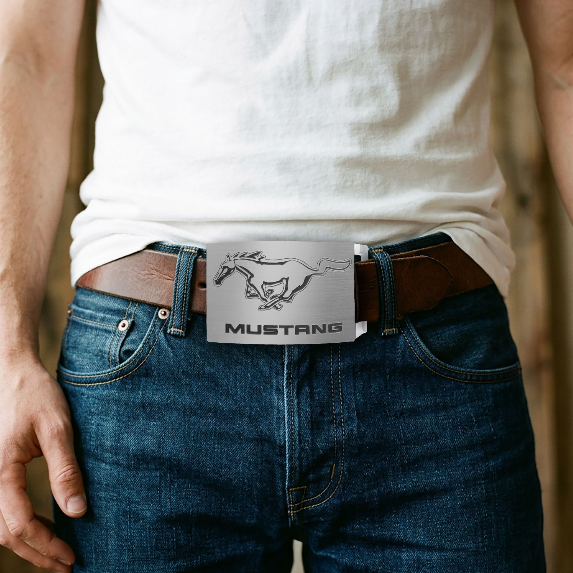 Ford Mustang w/Text Rock Star Buckle - Brushed Silver/Black Belt Buckles Ford