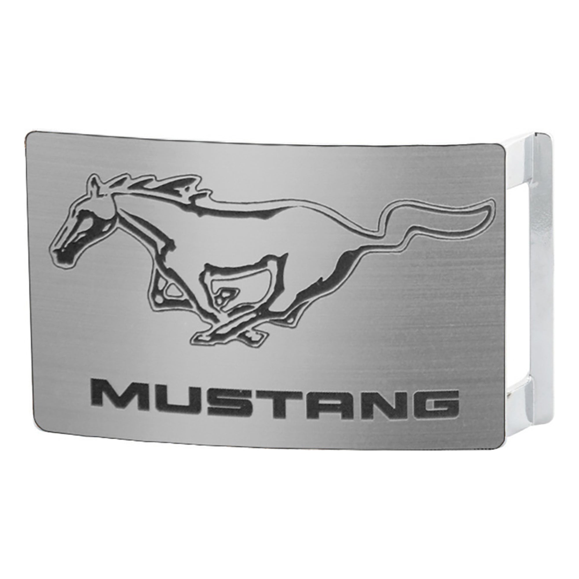 Ford Mustang w/Text Rock Star Buckle - Brushed Silver/Black Belt Buckles Ford