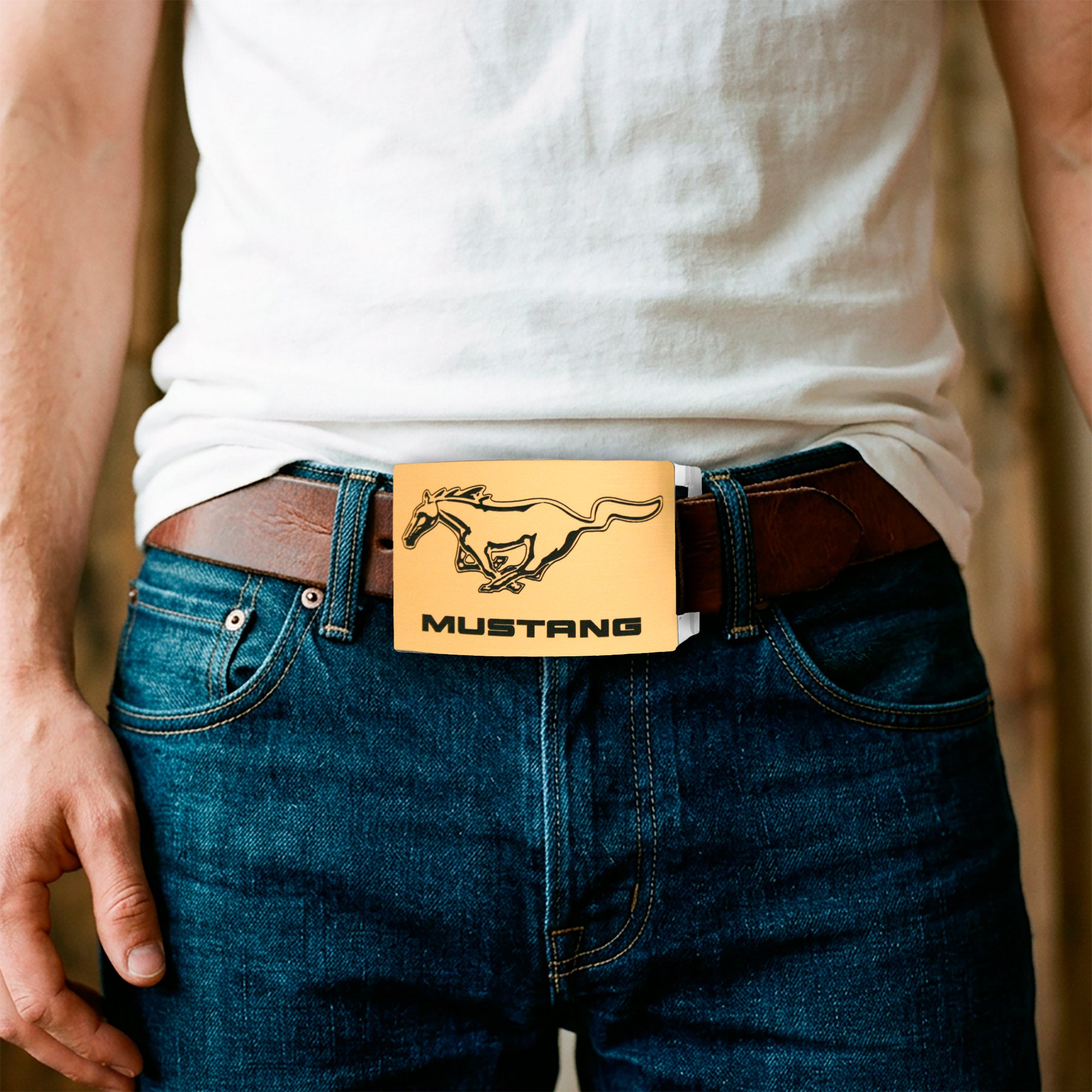 Ford Mustang w/Text Rock Star Buckle - Brushed Gold/Black Belt Buckles Ford