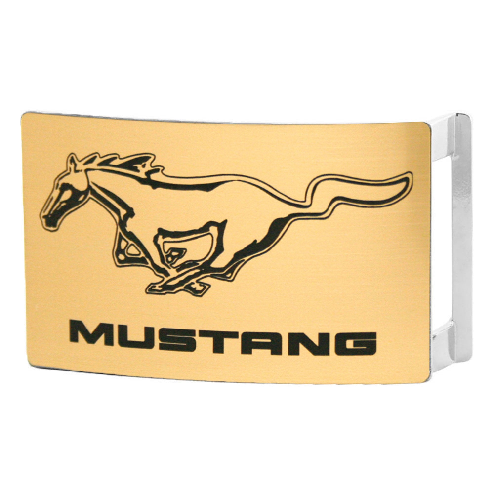 Ford Mustang w/Text Rock Star Buckle - Brushed Gold/Black Belt Buckles Ford