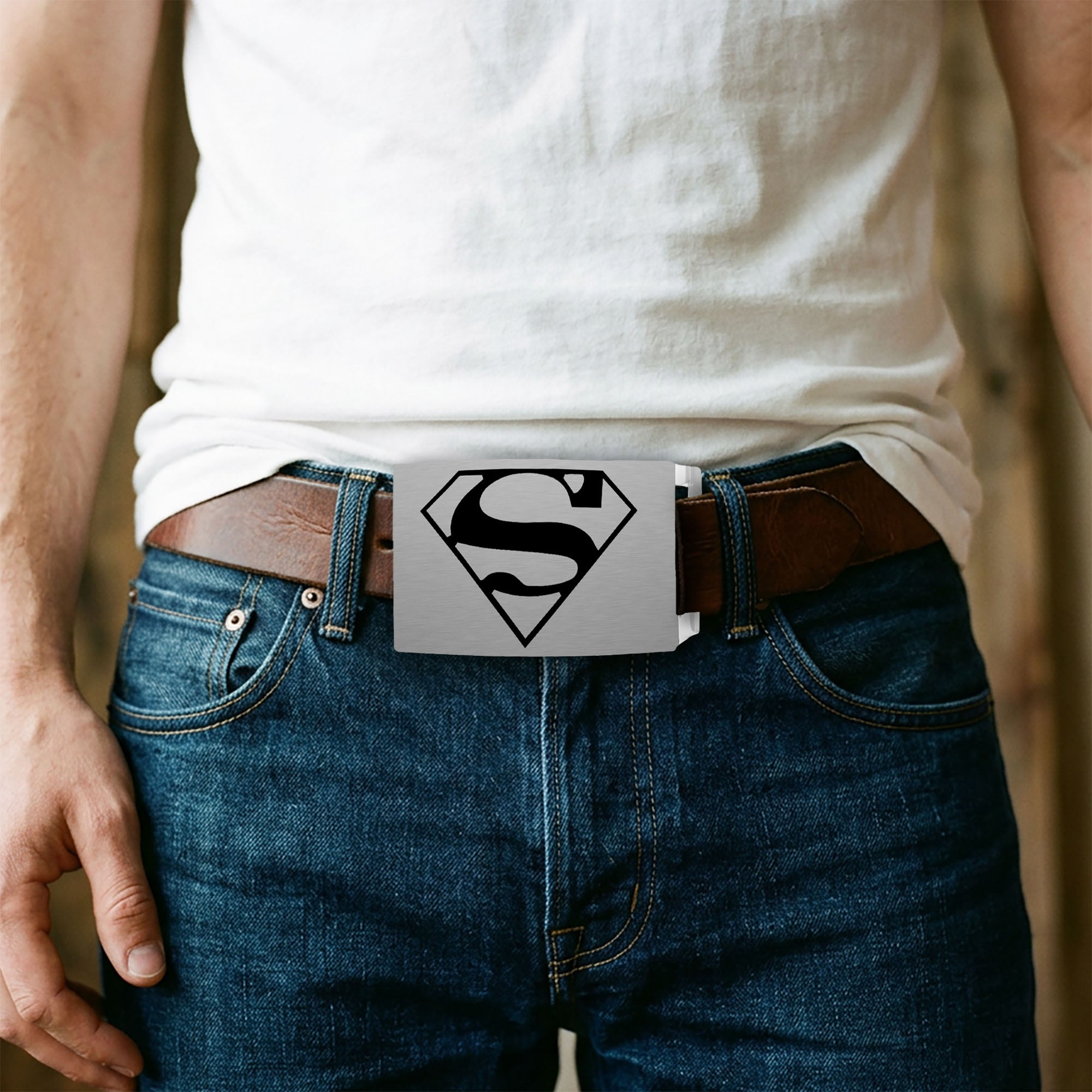 Superman Rock Star Buckle - Brushed Silver/Black Belt Buckles DC Comics