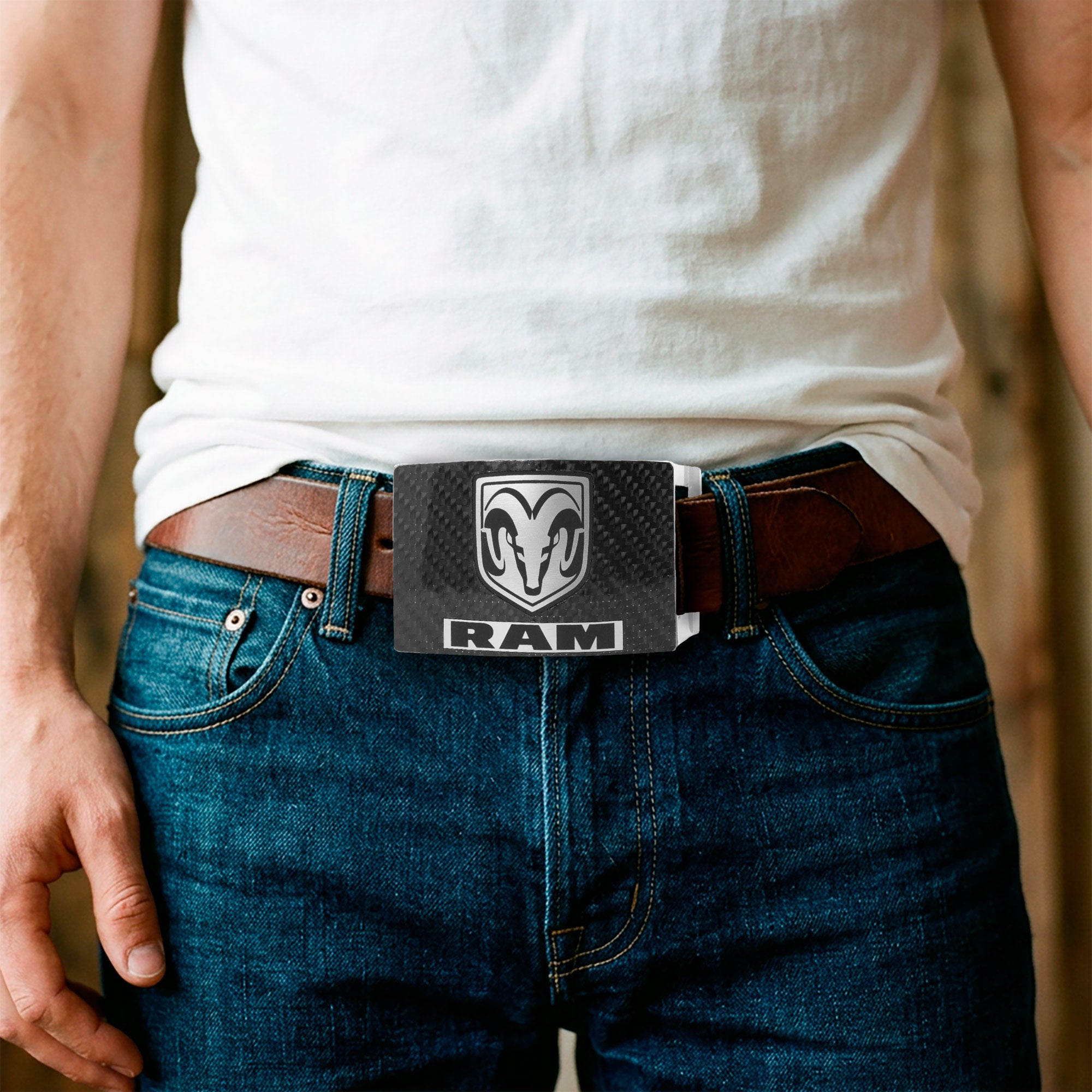 Ram Head Text Rock Star Buckle - Marquetry Carbon Fiber Brushed Metal