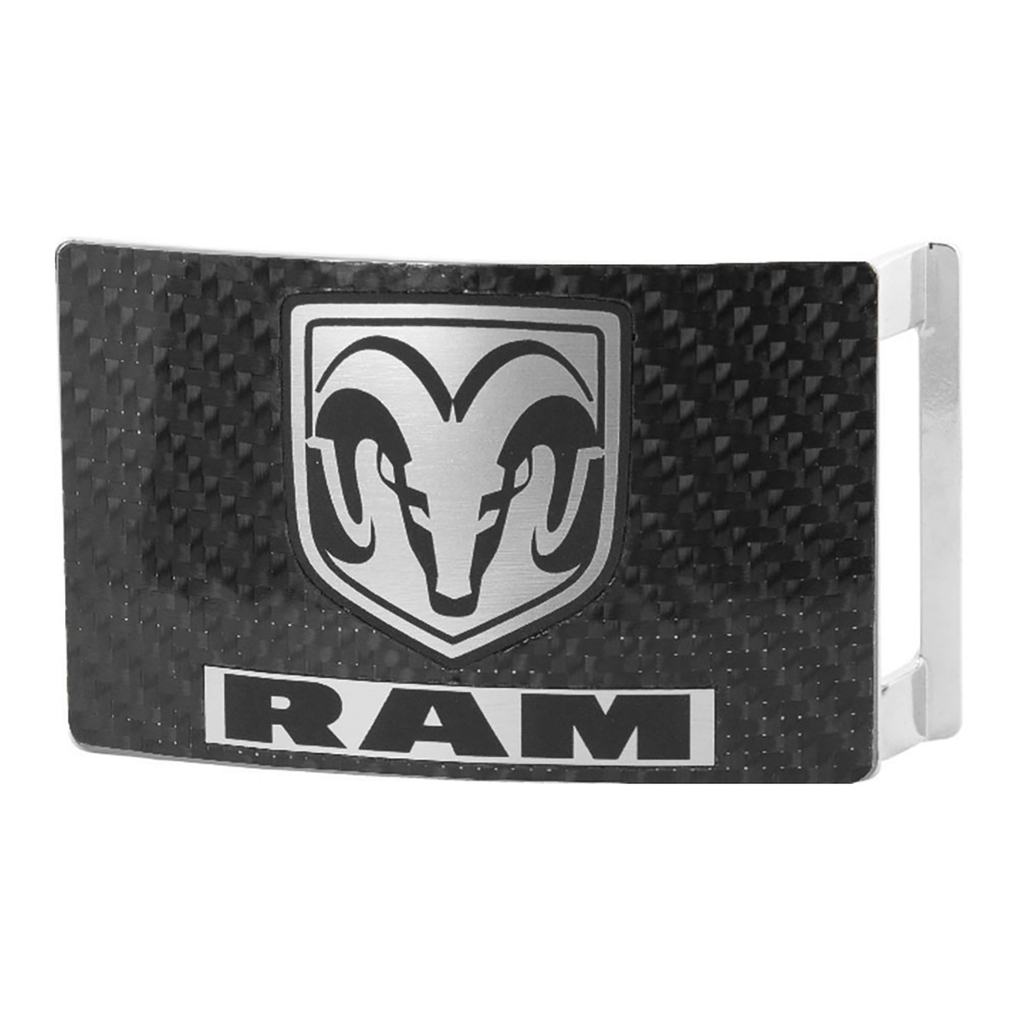 Ram Head Text Rock Star Buckle - Marquetry Carbon Fiber Brushed Metal