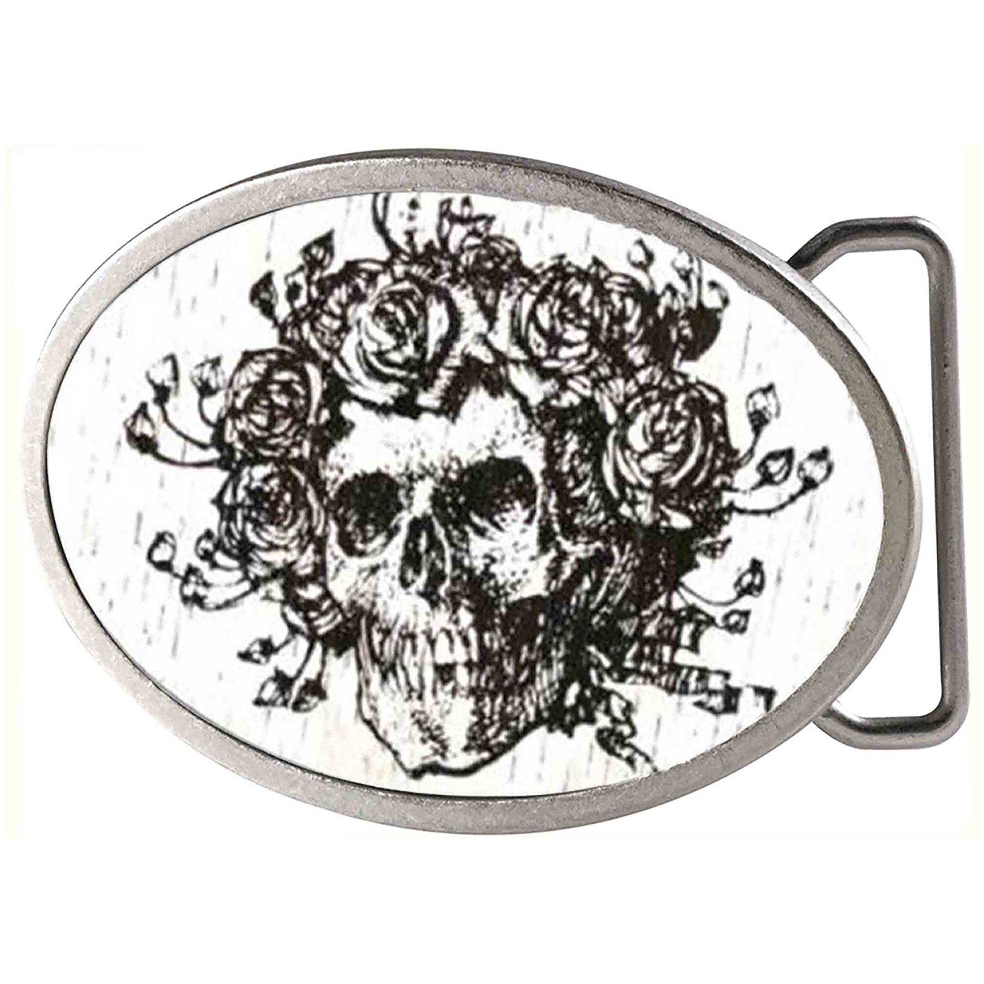 Skull &amp; Roses GW White - Hebilla de estrella de rock ovalada mate