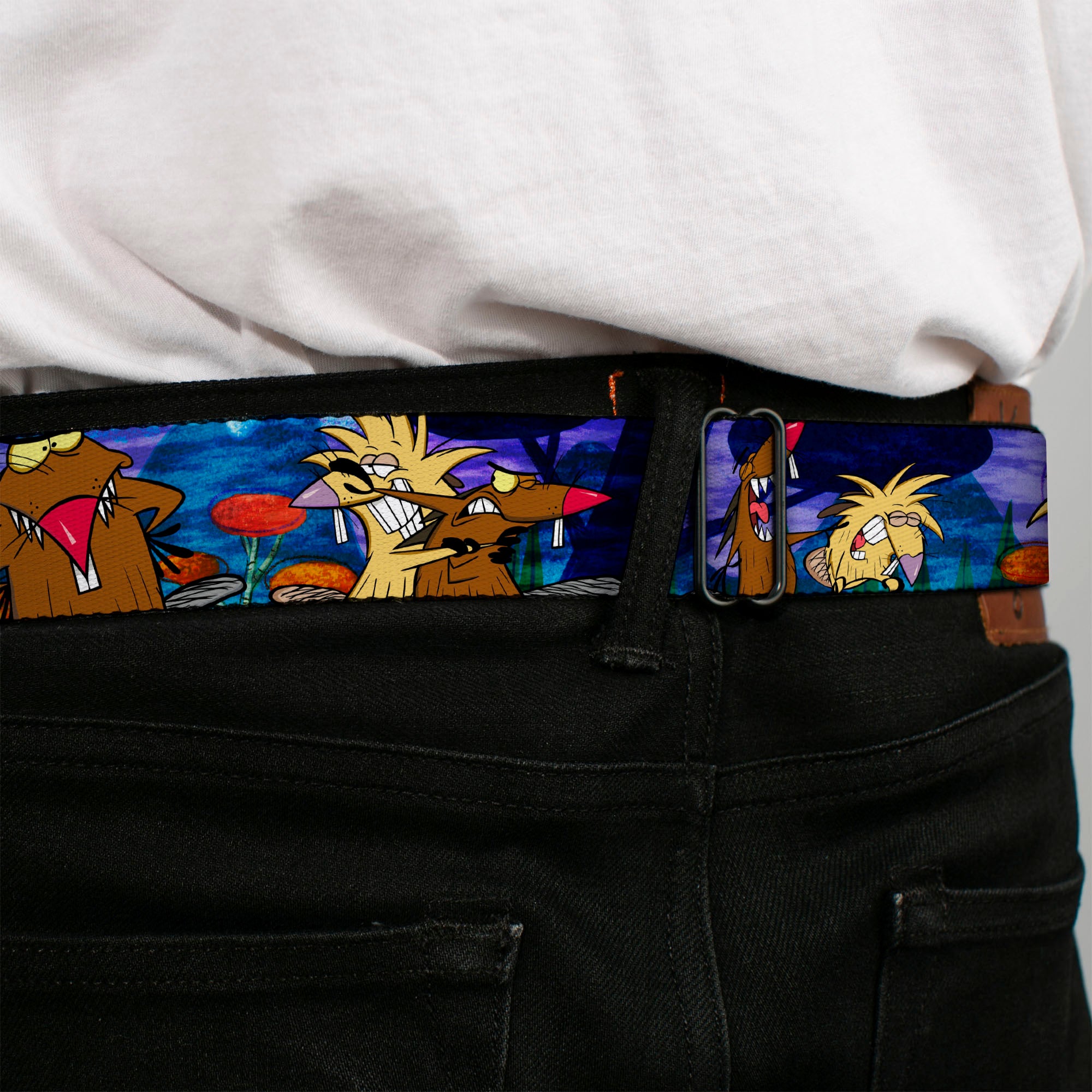 Angry Beavers Logo Full Color Black Seatbelt Belt - Daggett & Norbert Poses Blue Mountains Webbing Seatbelt Belts Angry Beavers