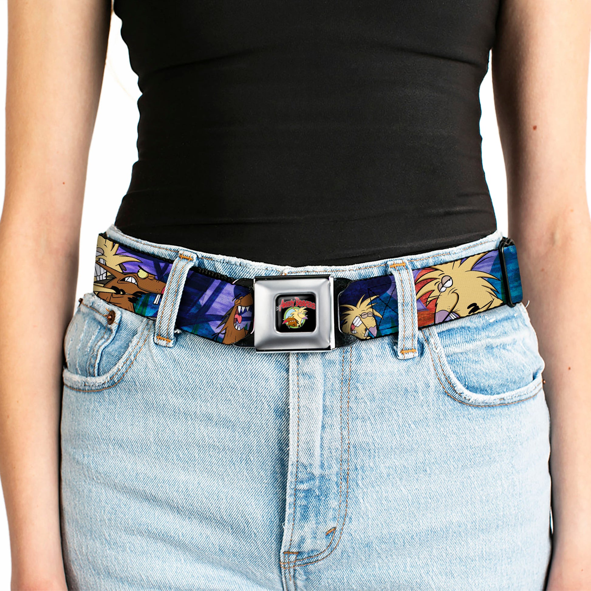 Angry Beavers Logo Full Color Black Seatbelt Belt - Daggett & Norbert Poses Blue Mountains Webbing Seatbelt Belts Angry Beavers