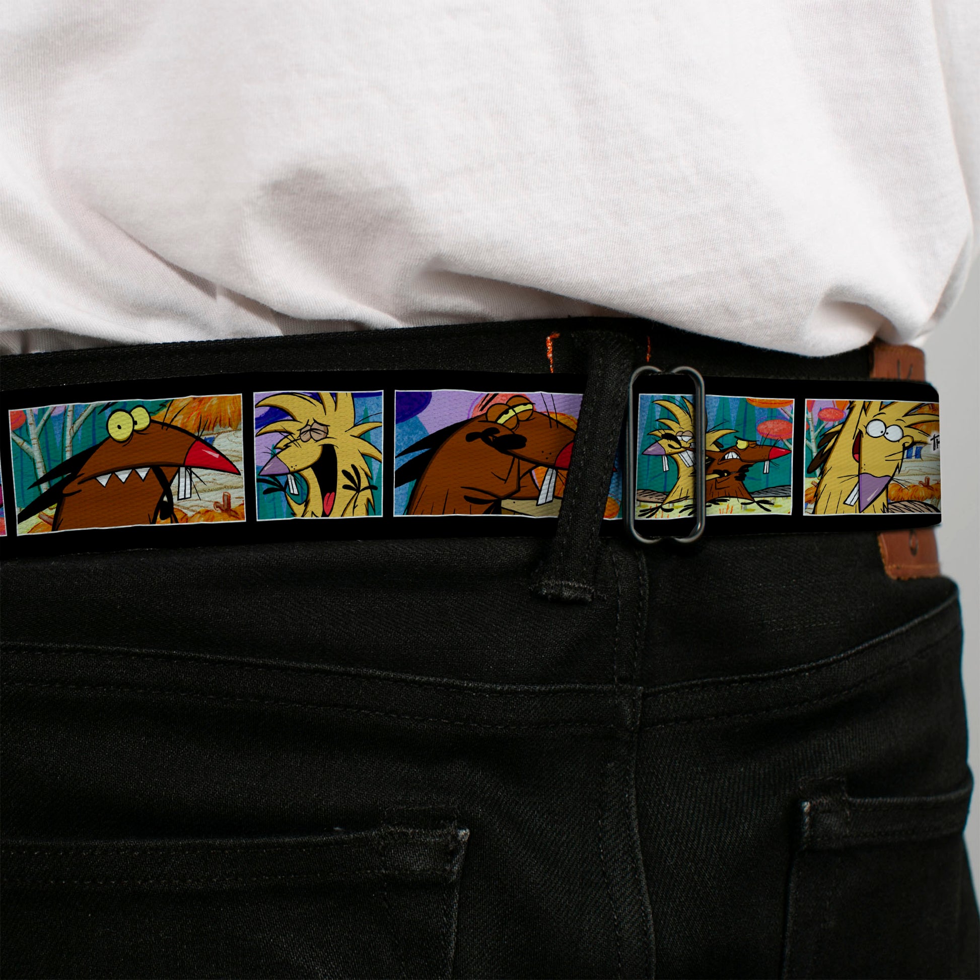 Angry Beavers Logo Full Color Black Seatbelt Belt - ANGRY BEAVERS Daggett & Norbert Blocks Black Webbing Seatbelt Belts Angry Beavers