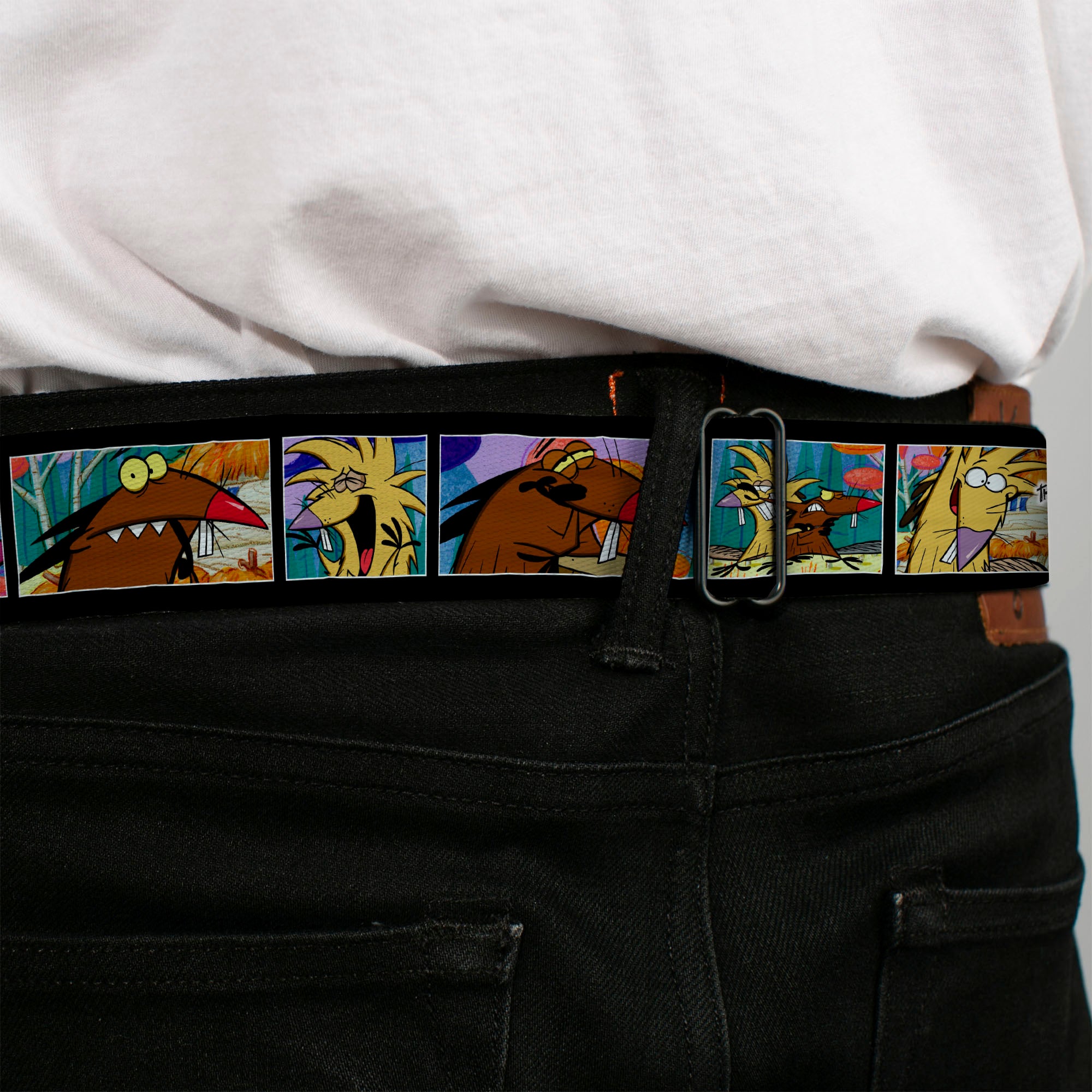 Angry Beavers Logo Full Color Black Seatbelt Belt - ANGRY BEAVERS Daggett & Norbert Blocks Black Webbing Seatbelt Belts Angry Beavers