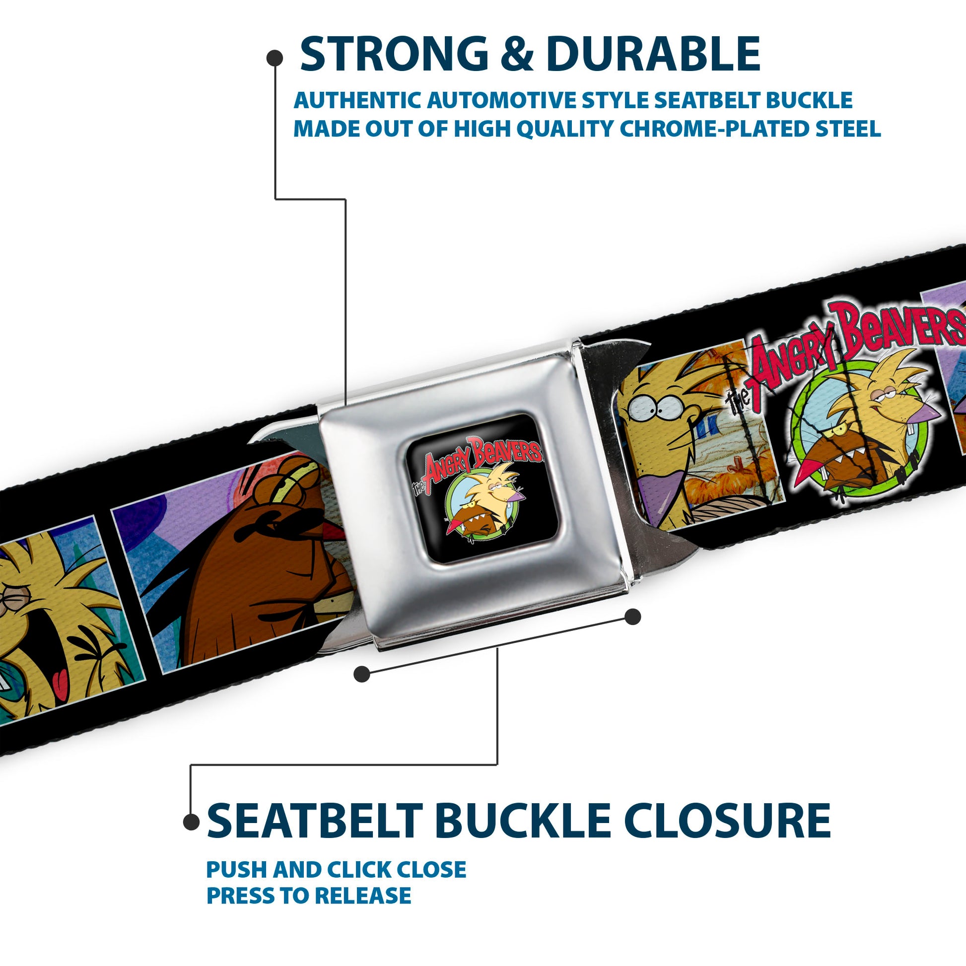 Angry Beavers Logo Full Color Black Seatbelt Belt - ANGRY BEAVERS Daggett & Norbert Blocks Black Webbing Seatbelt Belts Angry Beavers