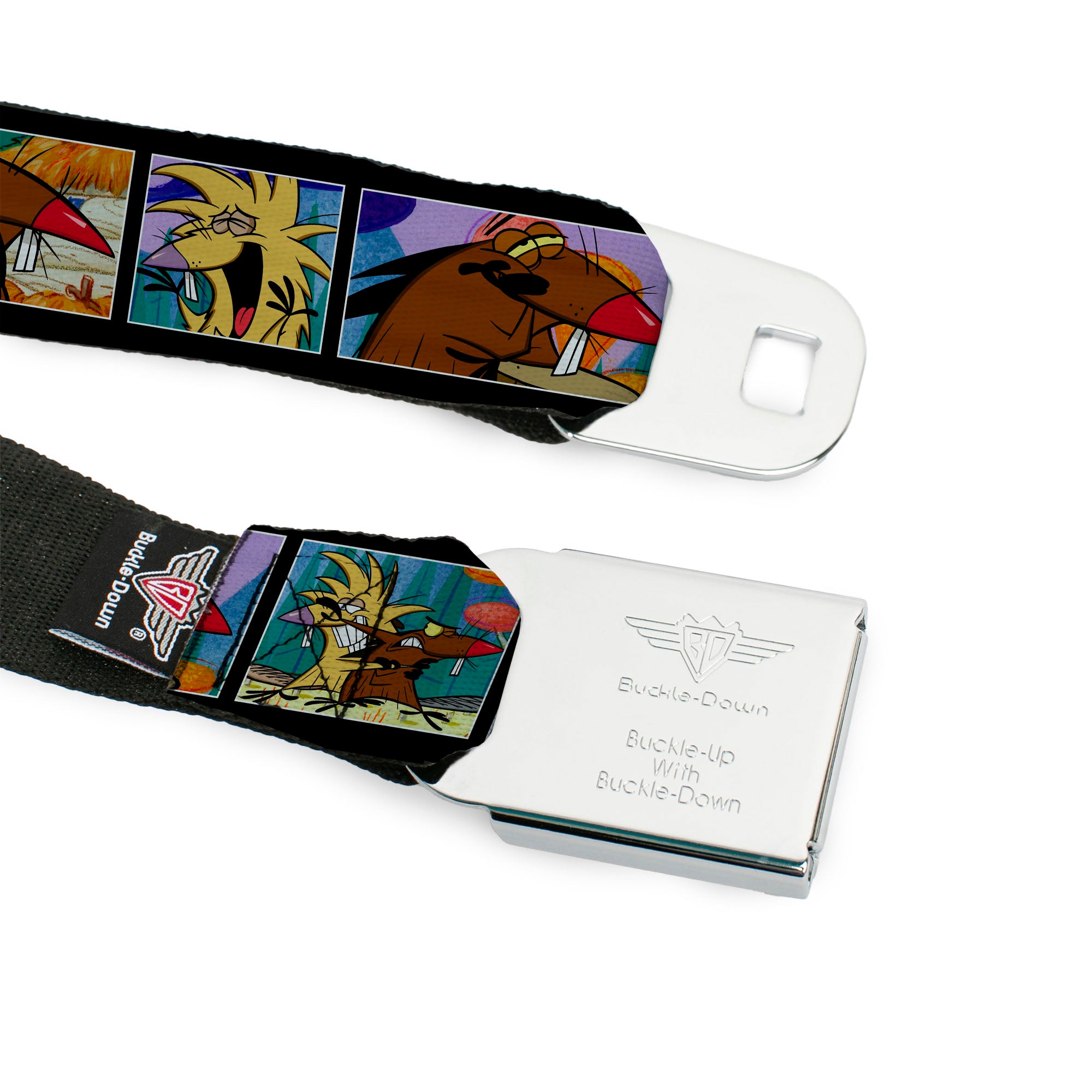 Angry Beavers Logo Full Color Black Seatbelt Belt - ANGRY BEAVERS Daggett & Norbert Blocks Black Webbing Seatbelt Belts Angry Beavers