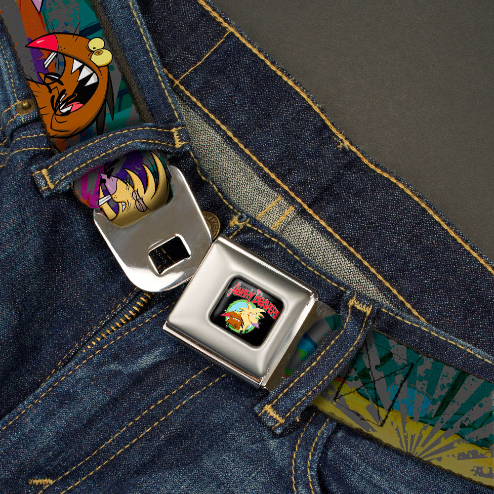 Angry Beavers Logo Full Color Black Seatbelt Belt - Daggett & Norbert Poses3 Rays Grays/Multi Color Webbing Seatbelt Belts Angry Beavers