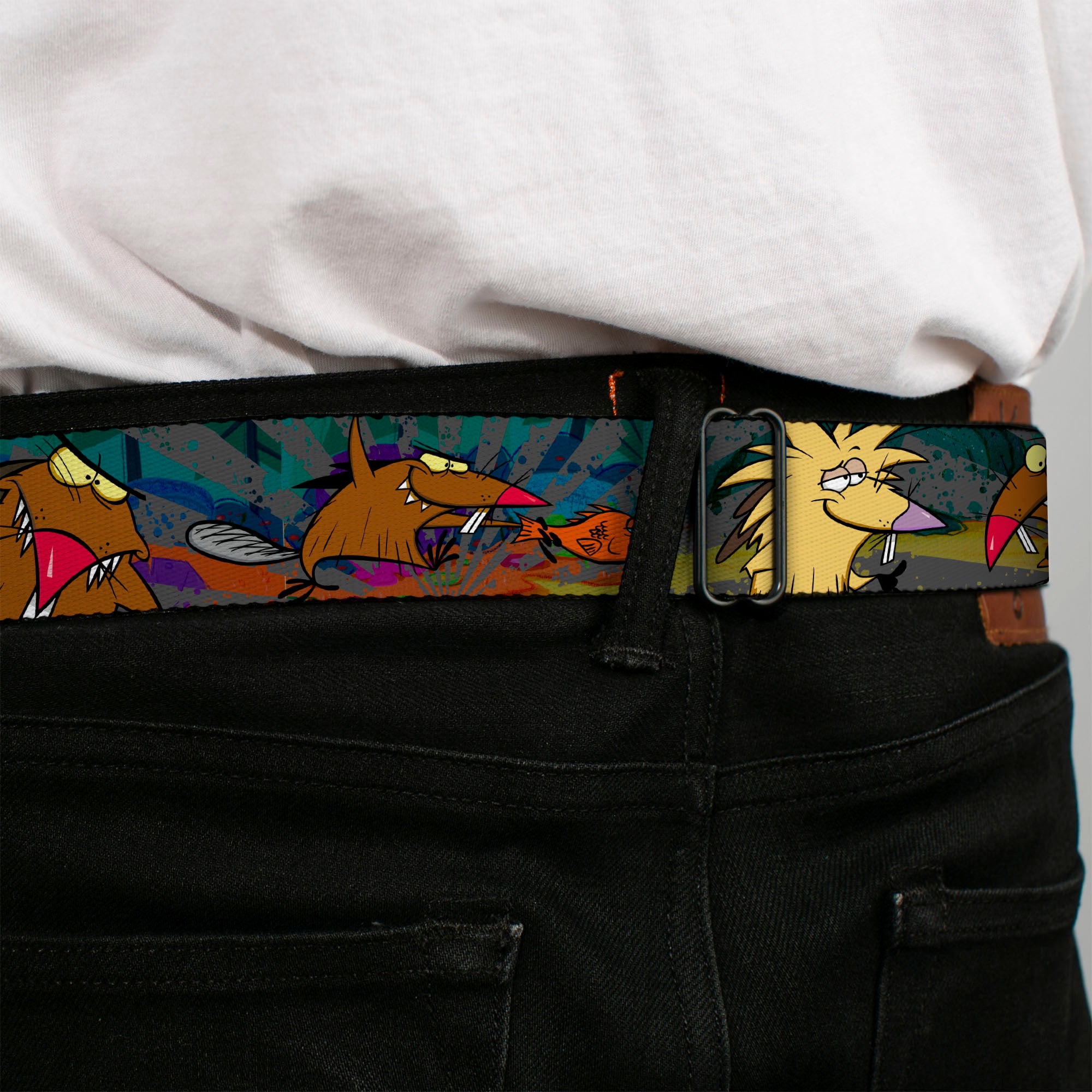 Angry Beavers Logo Full Color Black Seatbelt Belt - Daggett & Norbert Poses3 Rays Grays/Multi Color Webbing Seatbelt Belts Angry Beavers