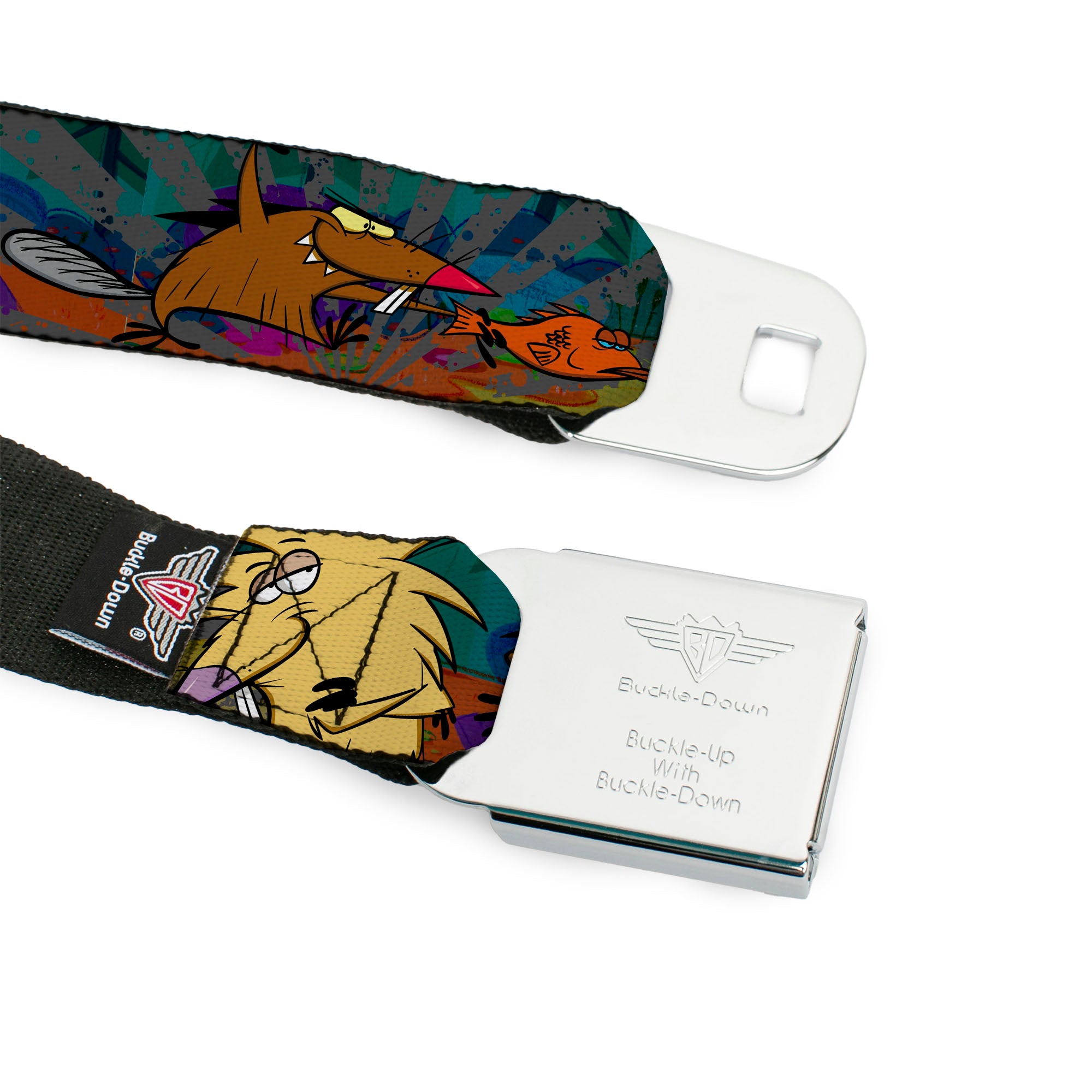 Angry Beavers Logo Full Color Black Seatbelt Belt - Daggett & Norbert Poses3 Rays Grays/Multi Color Webbing Seatbelt Belts Angry Beavers