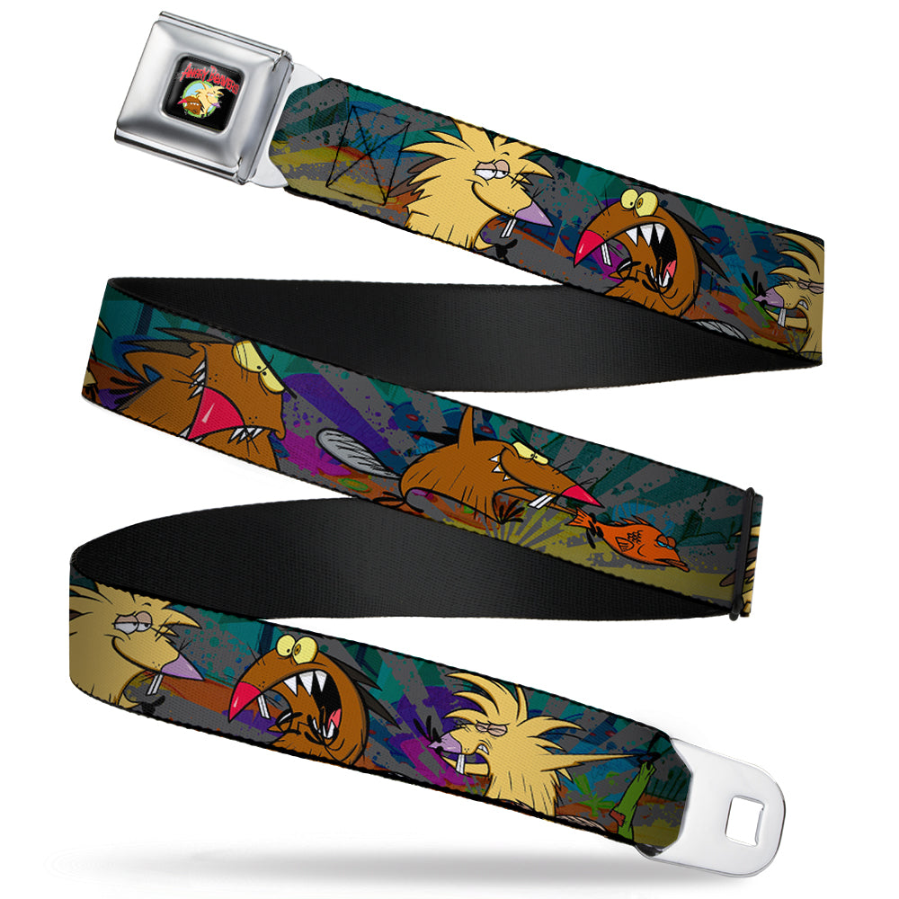 Angry Beavers Logo Full Color Black Seatbelt Belt - Daggett & Norbert Poses3 Rays Grays/Multi Color Webbing Seatbelt Belts Angry Beavers
