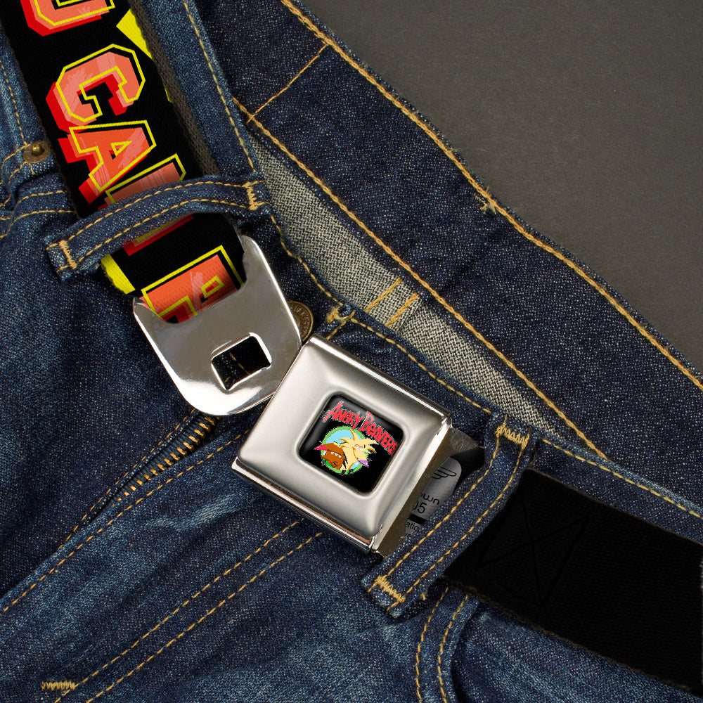 Angry Beavers Logo Full Color Black Seatbelt Belt - Norbett & Daggett Pose NOW YOU CAN PANIC! Black/Yellow/Red Webbing Seatbelt Belts Angry Beavers