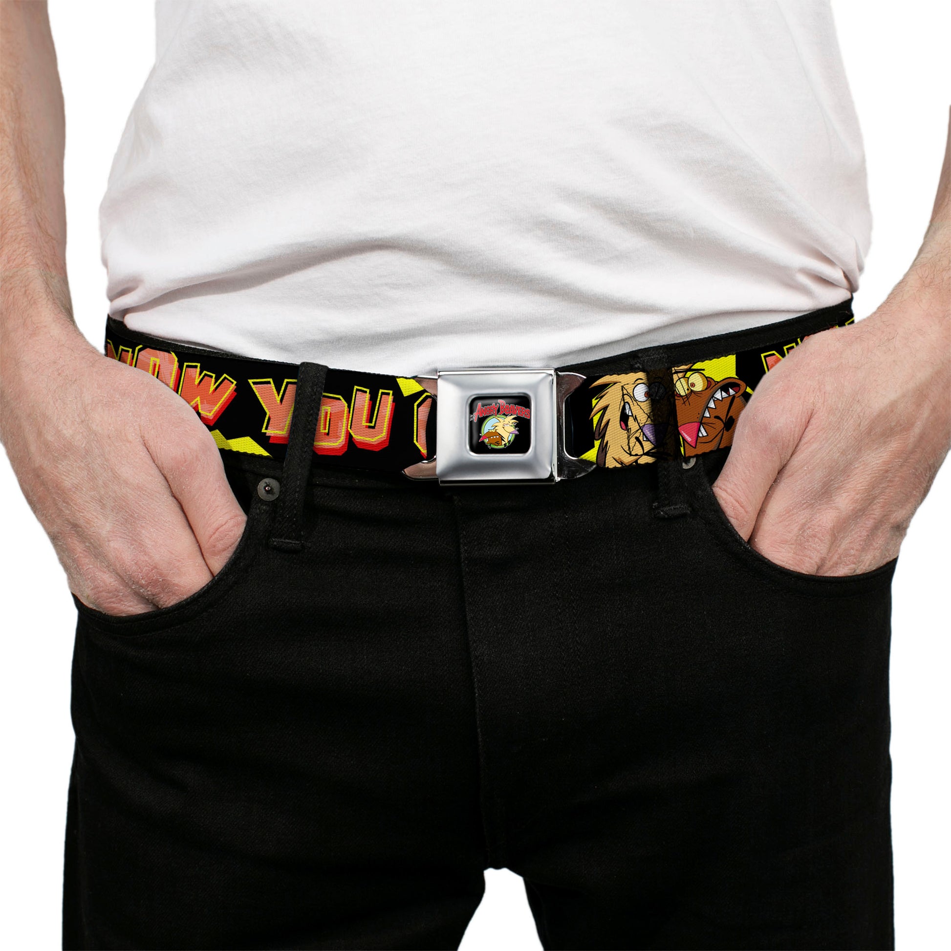 Angry Beavers Logo Full Color Black Seatbelt Belt - Norbett & Daggett Pose NOW YOU CAN PANIC! Black/Yellow/Red Webbing Seatbelt Belts Angry Beavers