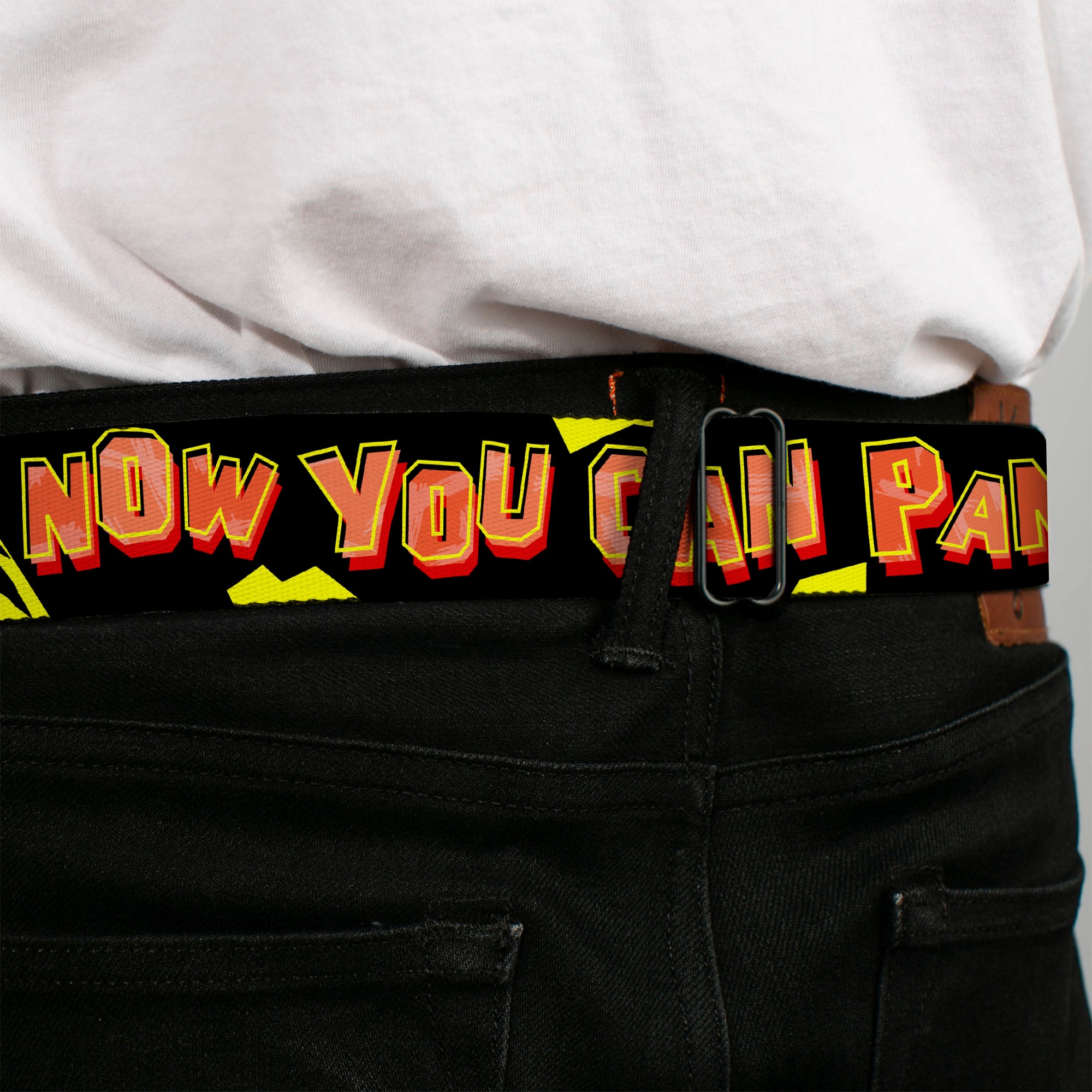Angry Beavers Logo Full Color Black Seatbelt Belt - Norbett & Daggett Pose NOW YOU CAN PANIC! Black/Yellow/Red Webbing Seatbelt Belts Angry Beavers
