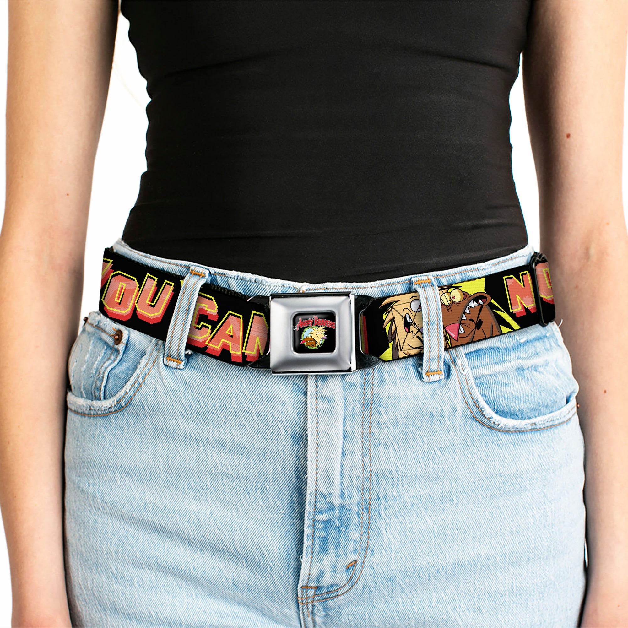 Angry Beavers Logo Full Color Black Seatbelt Belt - Norbett & Daggett Pose NOW YOU CAN PANIC! Black/Yellow/Red Webbing Seatbelt Belts Angry Beavers
