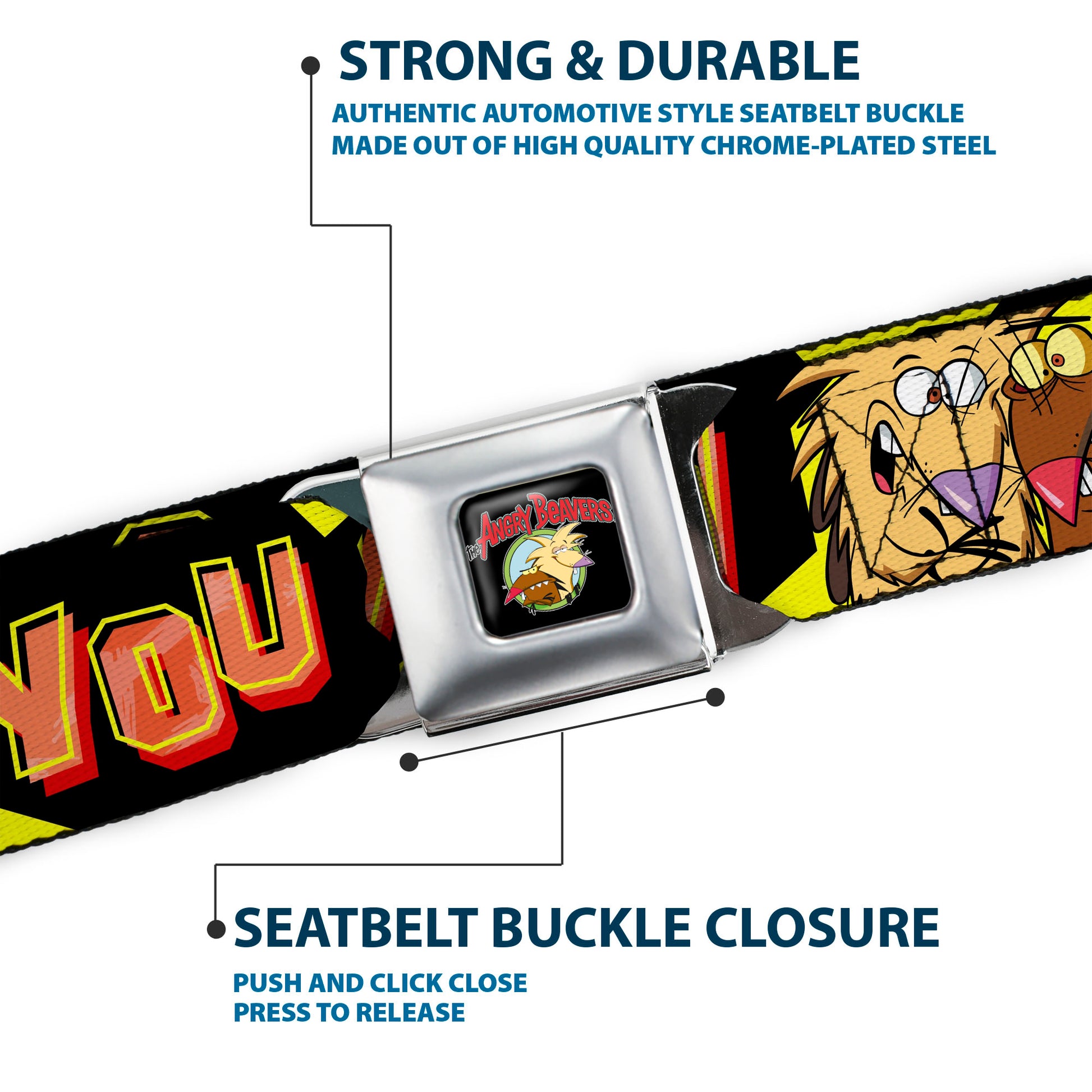 Angry Beavers Logo Full Color Black Seatbelt Belt - Norbett & Daggett Pose NOW YOU CAN PANIC! Black/Yellow/Red Webbing Seatbelt Belts Angry Beavers