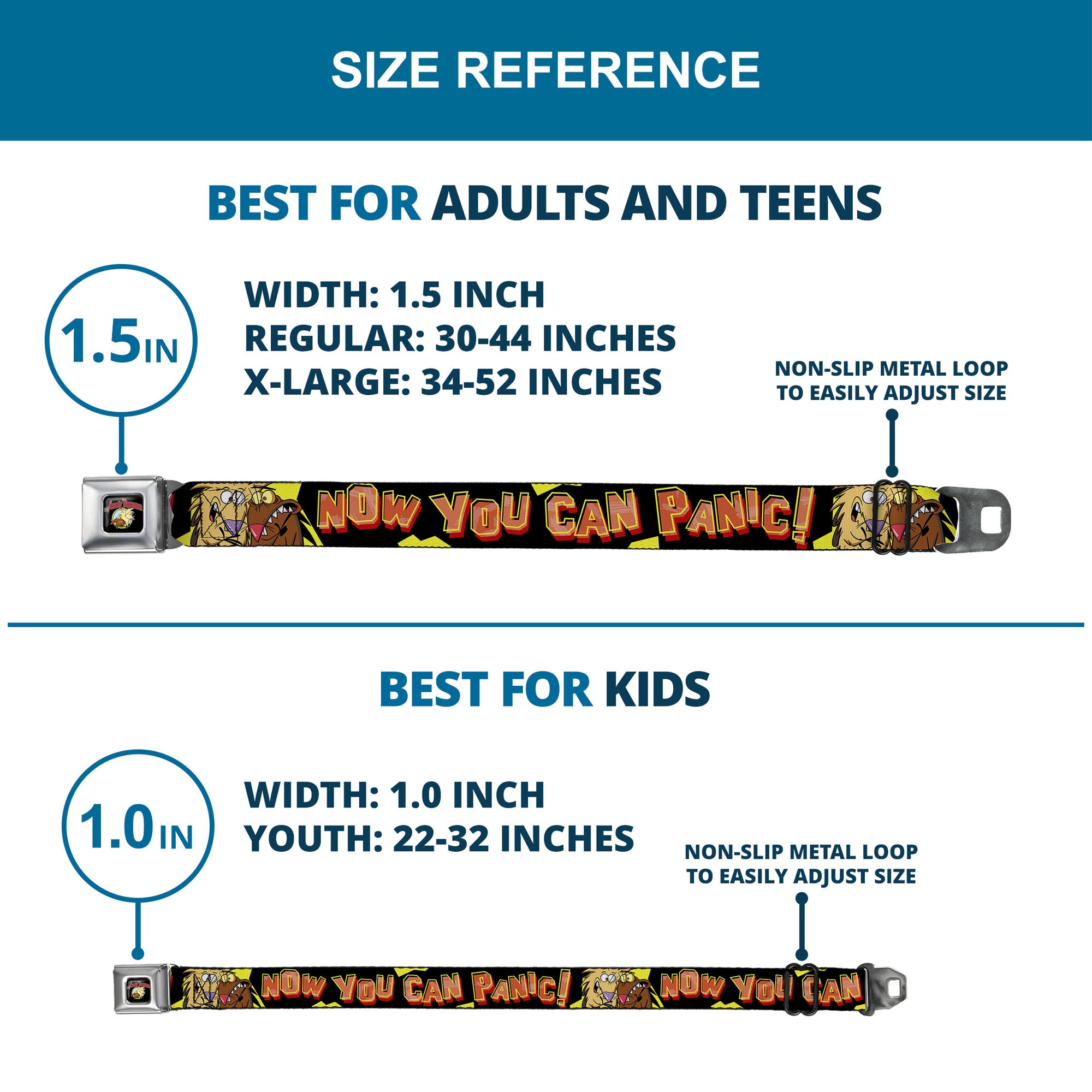 Angry Beavers Logo Full Color Black Seatbelt Belt - Norbett & Daggett Pose NOW YOU CAN PANIC! Black/Yellow/Red Webbing Seatbelt Belts Angry Beavers