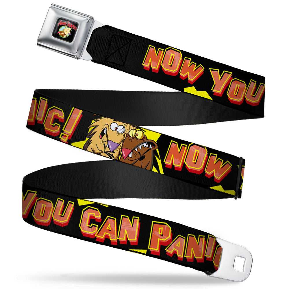 Angry Beavers Logo Full Color Black Seatbelt Belt - Norbett & Daggett Pose NOW YOU CAN PANIC! Black/Yellow/Red Webbing Seatbelt Belts Angry Beavers