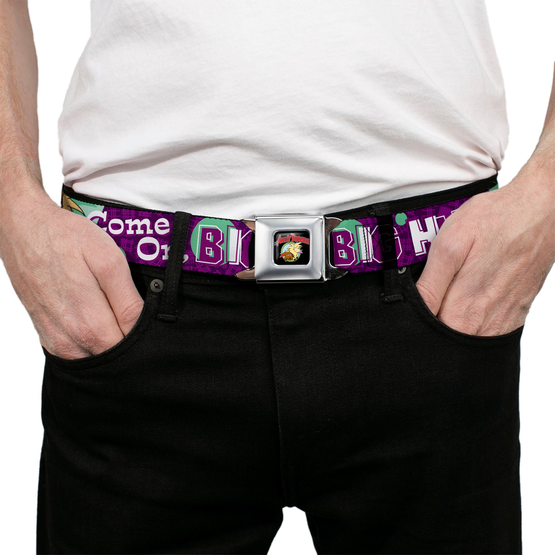 Angry Beavers Logo Full Color Black Seatbelt Belt - Norbert Hugging Daggett COME ON, BRO HUG Purples/Teal/White Webbing Seatbelt Belts Angry Beavers
