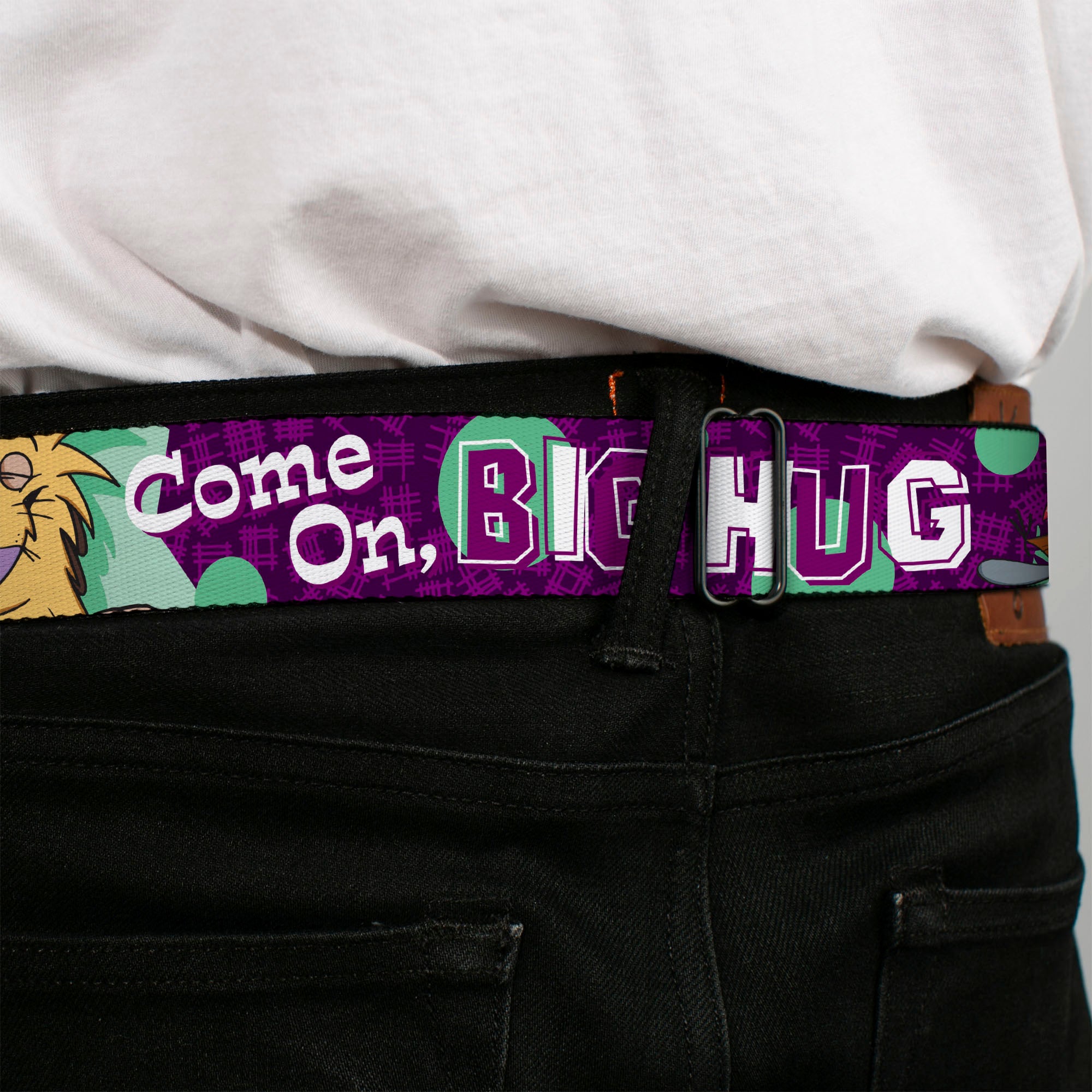Angry Beavers Logo Full Color Black Seatbelt Belt - Norbert Hugging Daggett COME ON, BRO HUG Purples/Teal/White Webbing Seatbelt Belts Angry Beavers