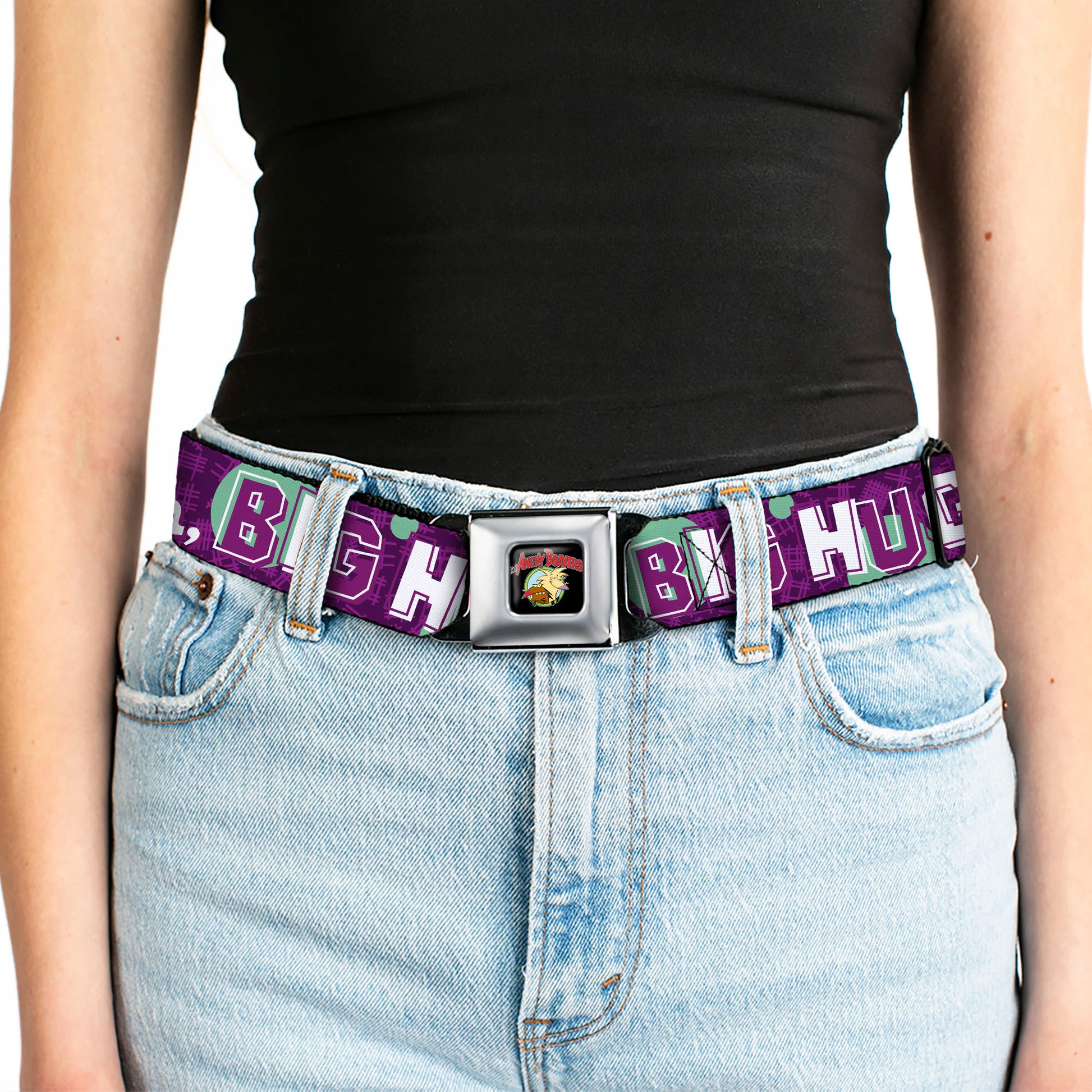 Angry Beavers Logo Full Color Black Seatbelt Belt - Norbert Hugging Daggett COME ON, BRO HUG Purples/Teal/White Webbing Seatbelt Belts Angry Beavers