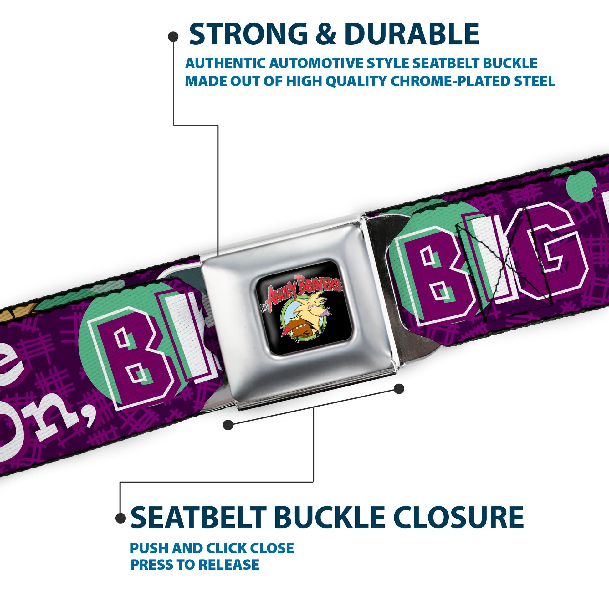 Angry Beavers Logo Full Color Black Seatbelt Belt - Norbert Hugging Daggett COME ON, BRO HUG Purples/Teal/White Webbing Seatbelt Belts Angry Beavers