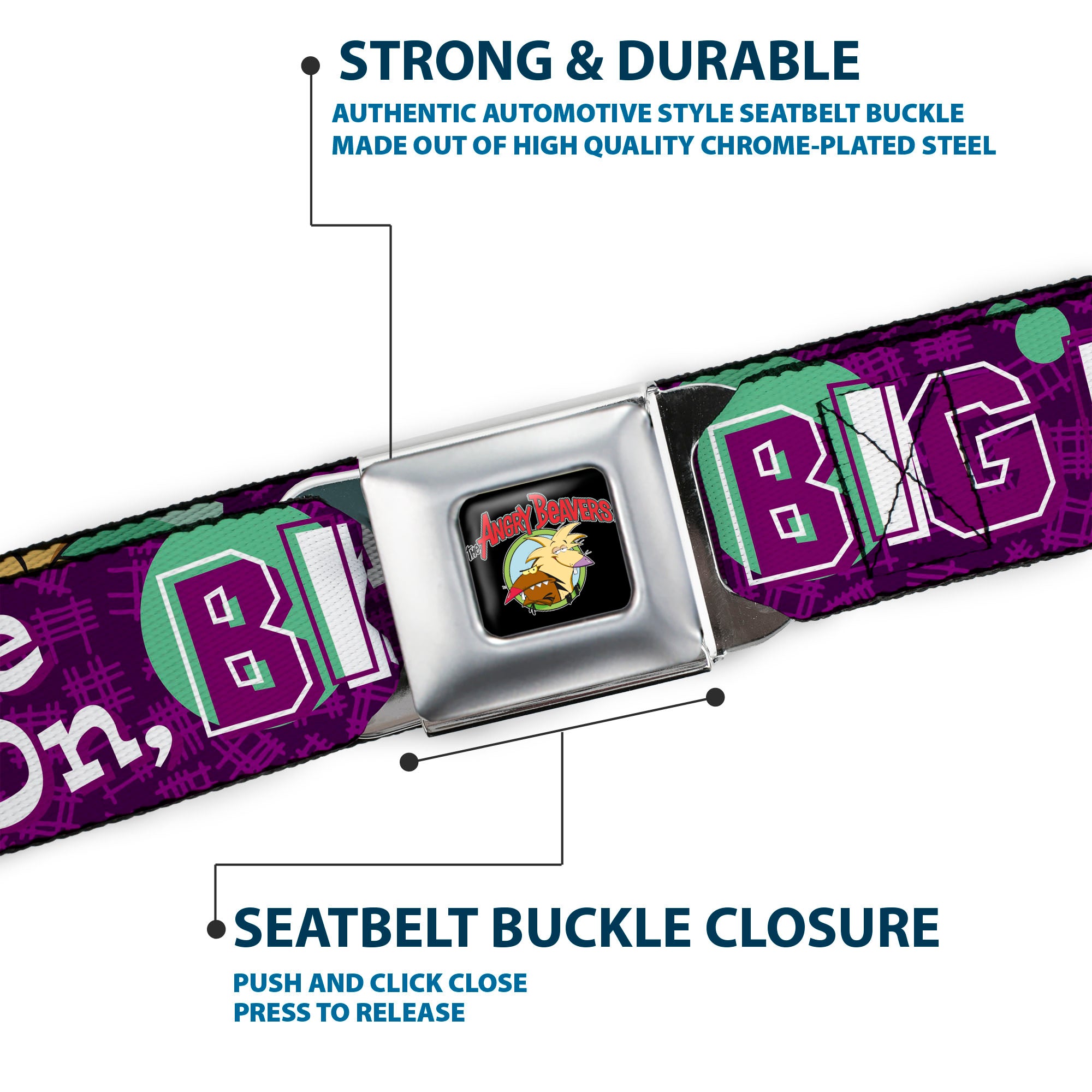 Angry Beavers Logo Full Color Black Seatbelt Belt - Norbert Hugging Daggett COME ON, BRO HUG Purples/Teal/White Webbing Seatbelt Belts Angry Beavers